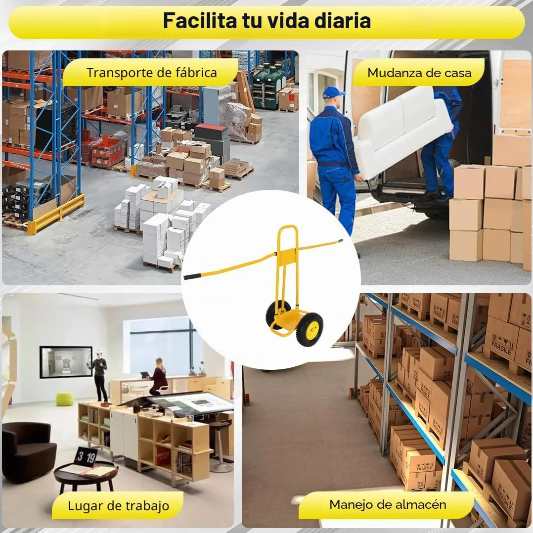 Carro de Transporte de Paneles 500 KG 4 Ruedas de Goma Maciza Carretilla Extraíble Amarillo