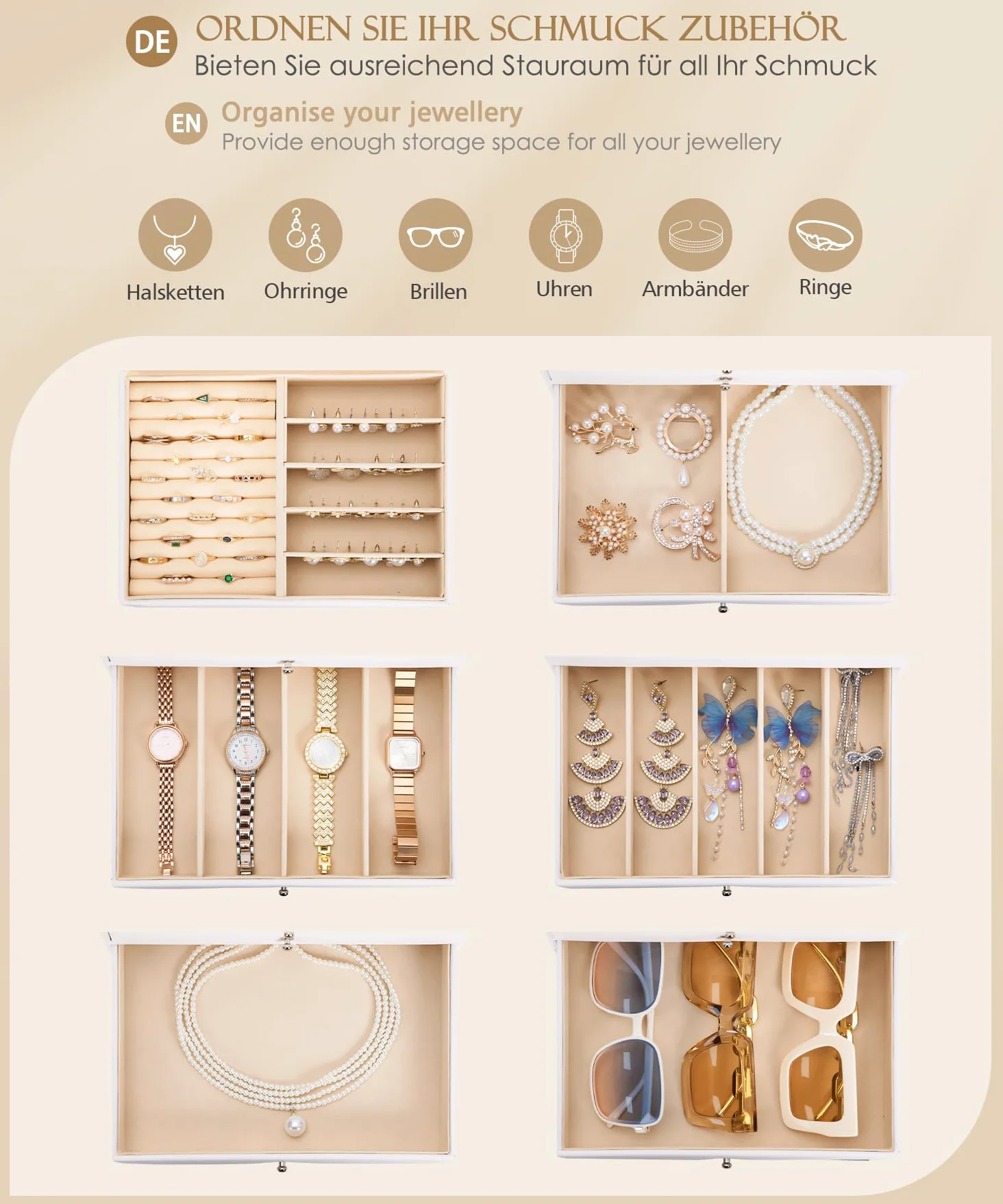 Yorbay Caja de joyas grande con espejo para mujer: 6 niveles y 5 cajones | Compartimentos collares anillos pendientes relojes–Para tocador cómoda–Piel sintética forro terciopelo–Blanco
