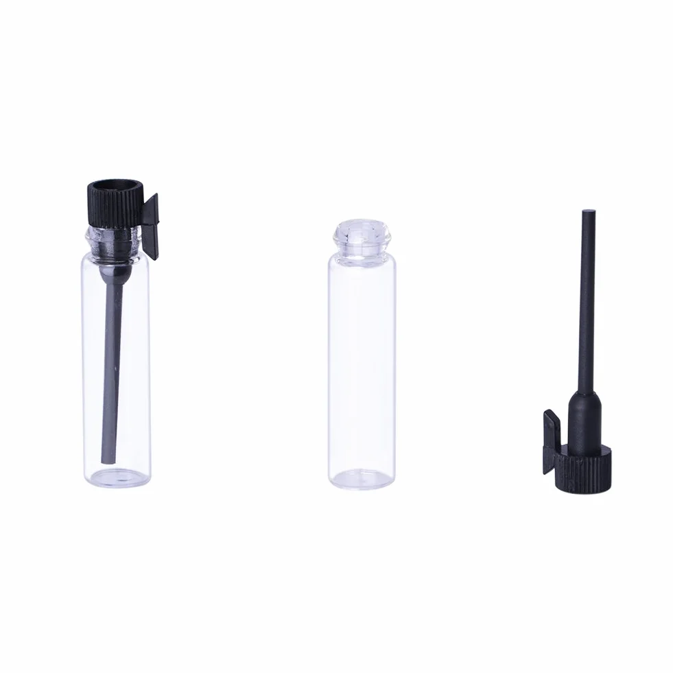 Muestras de perfume mini botellas de vidrio vacías con tapa negra (1 ml) para viajes y fiestas
