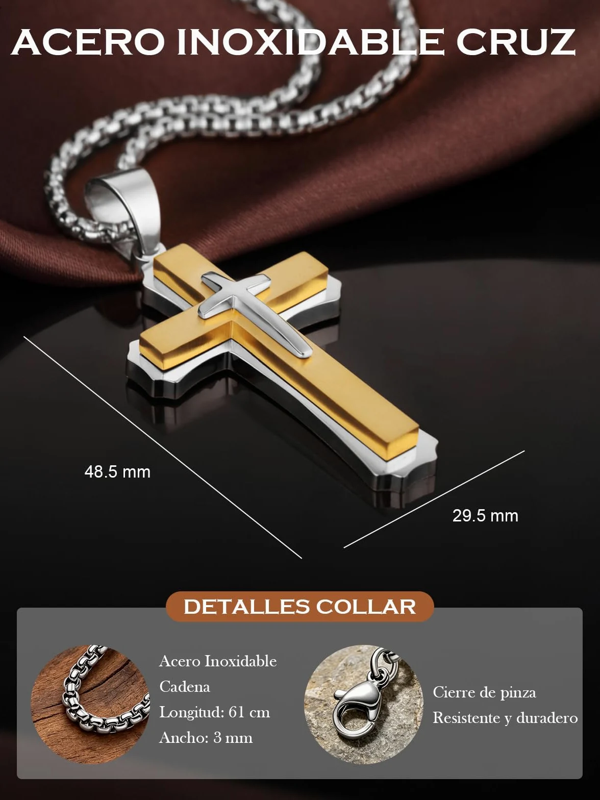 Collar Cruz Hombre Plata/Dorado/Negro Colgante Cruz para Hombre Acero Inoxidable 316L Joyero Cristiano de Cadena