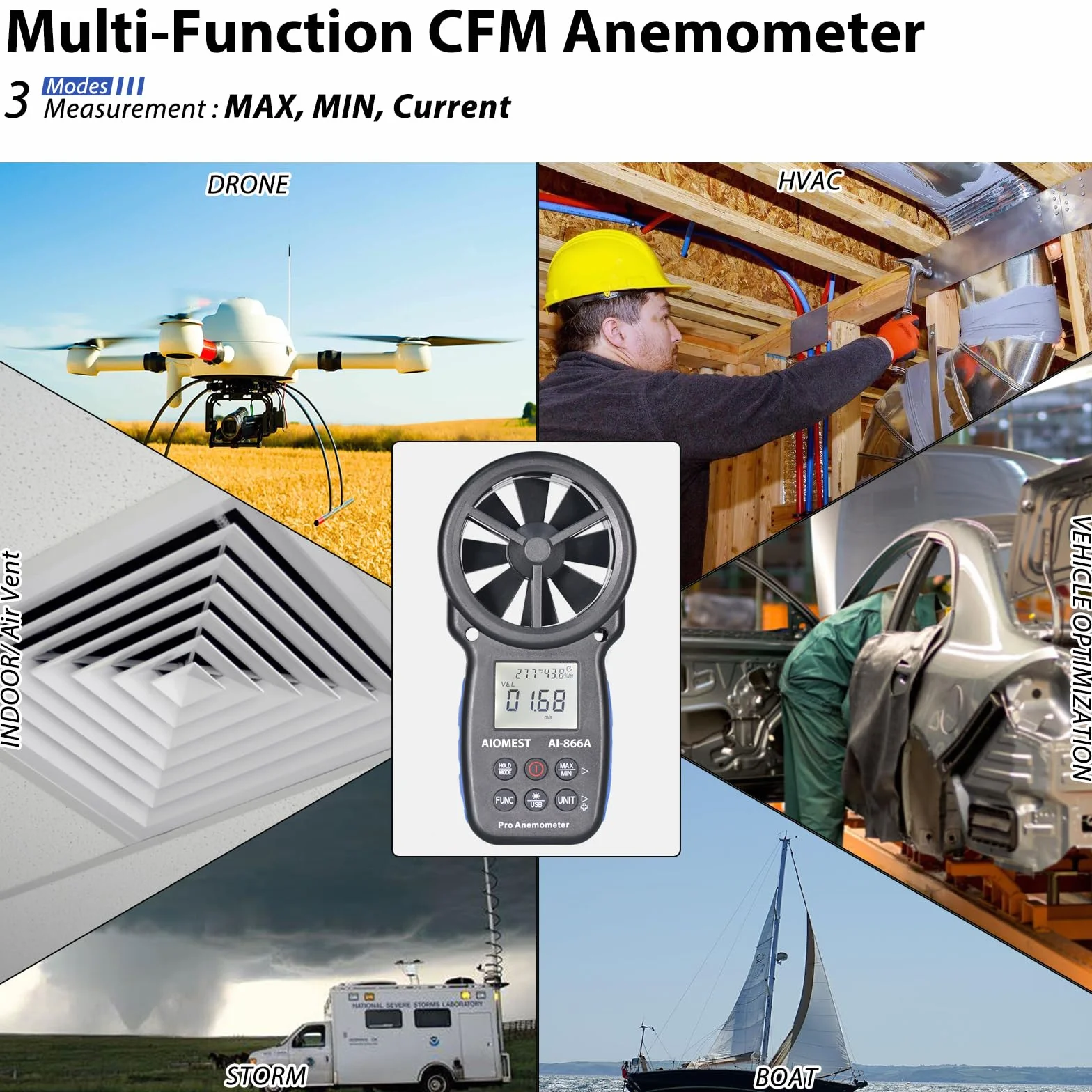 AIOMEST Anemómetro HVAC CFM Medidor de Flujo de Aire Portátil Velocidad del Viento