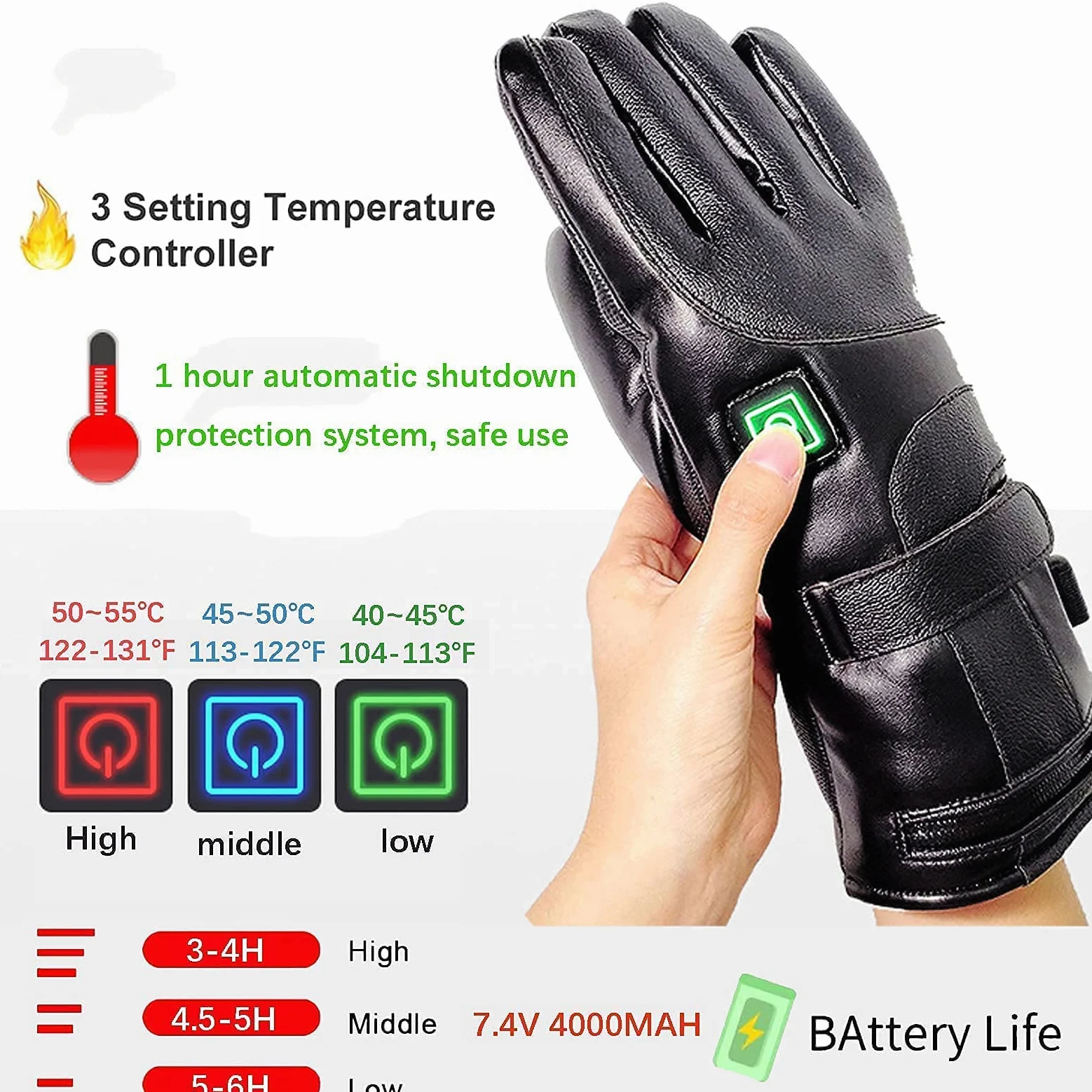 Guantes térmicos, 7.4V 4000mAh Batería Recargable Guantes térmicos eléctricos para Hombres Mujeres Guantes térmicos para Motocicleta Pantalla táctil Impermeable para Deportes Esquí