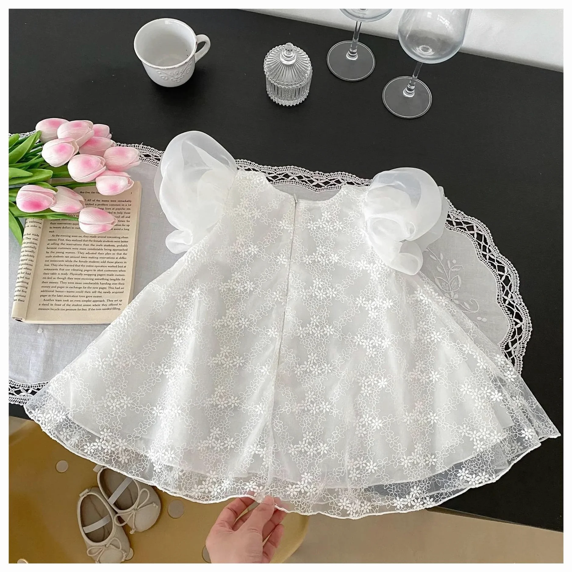 Vestido De Fiesta para NiñA Vestido de Princesa for niña, Banquete de Cien días, Vestido de algodón con Falda de Encaje y Mangas Cortas con Burbujas(2-3Y)