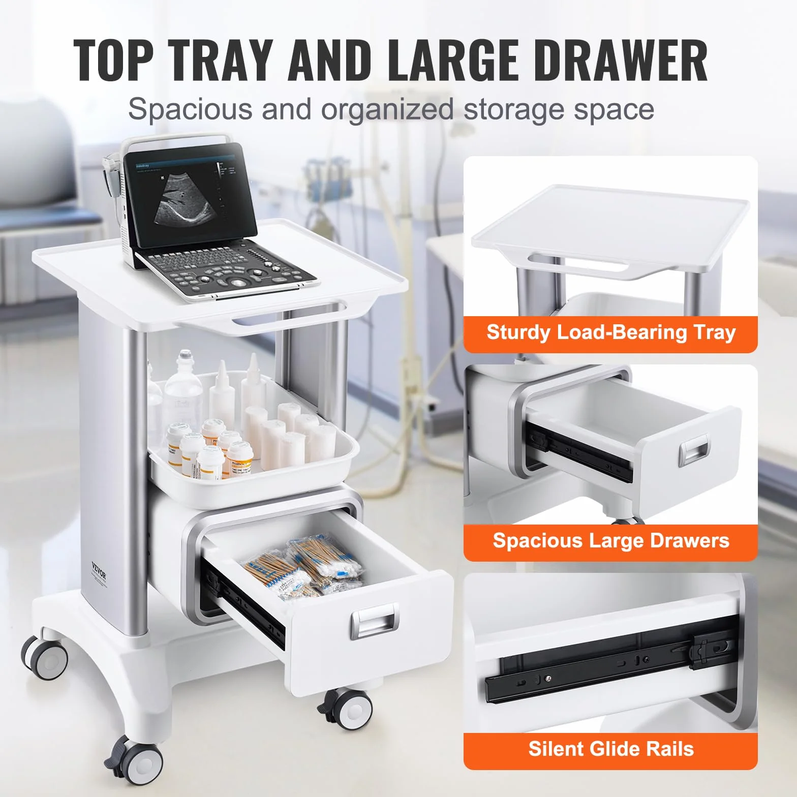 VEVOR Carro Médico de 2 Niveles con 1 Cajón, Bandeja Superior, Ruedas Silenciosas, ABS, Blanco