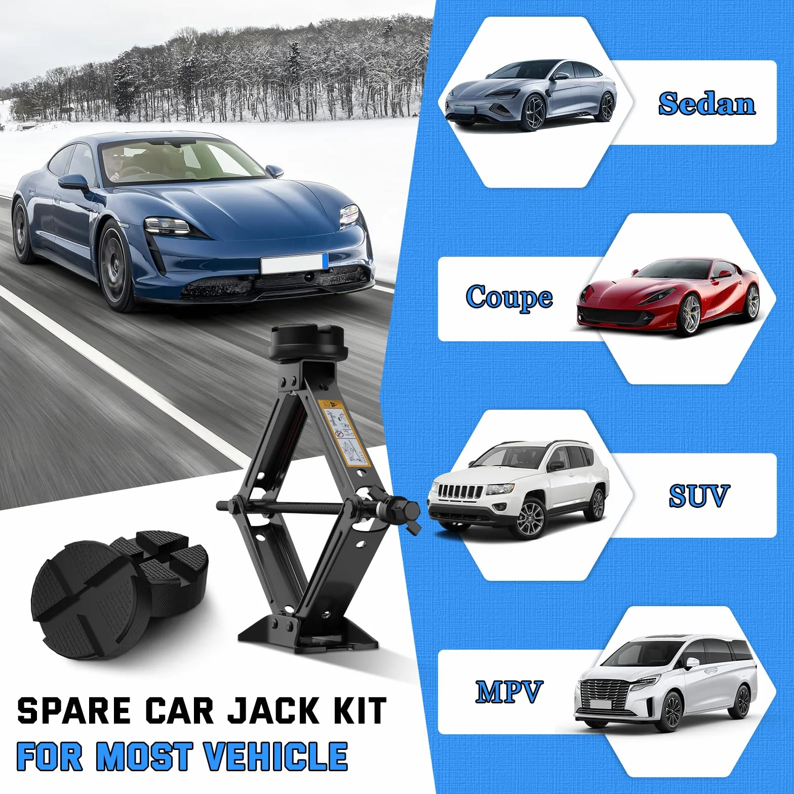 IMAYCC Jack de Coche 2,5 T/2500 kg Universal Almohadilla de Goma Carro portátil con Llave de Freno de Rueda Kit de Emergencia SUV MPV