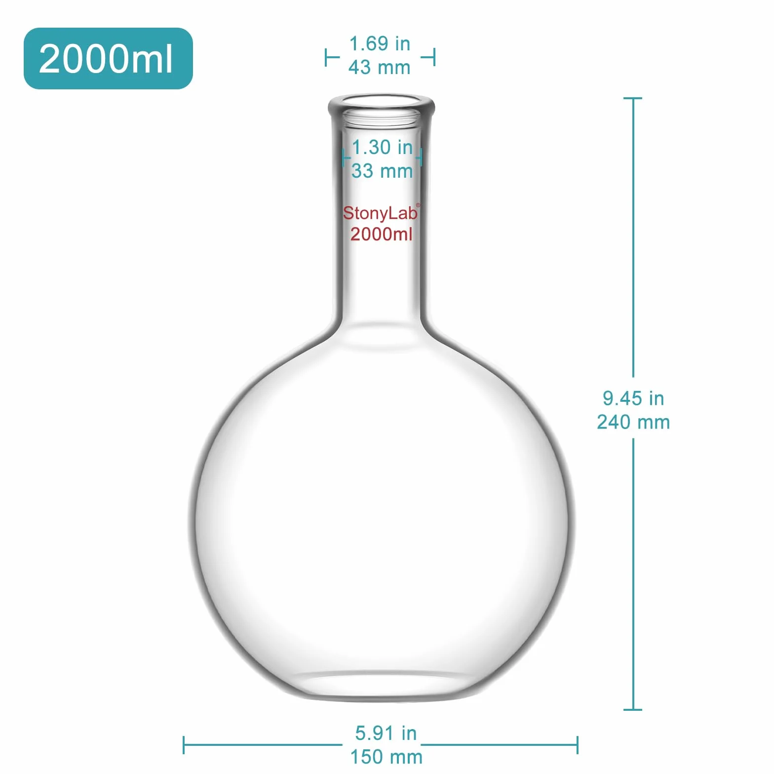 Matraz Fondo Plano 2000ml (2L) de Cristal Borosilicato Pared Gruesa con Cuello Largo Matraz Laboratorio