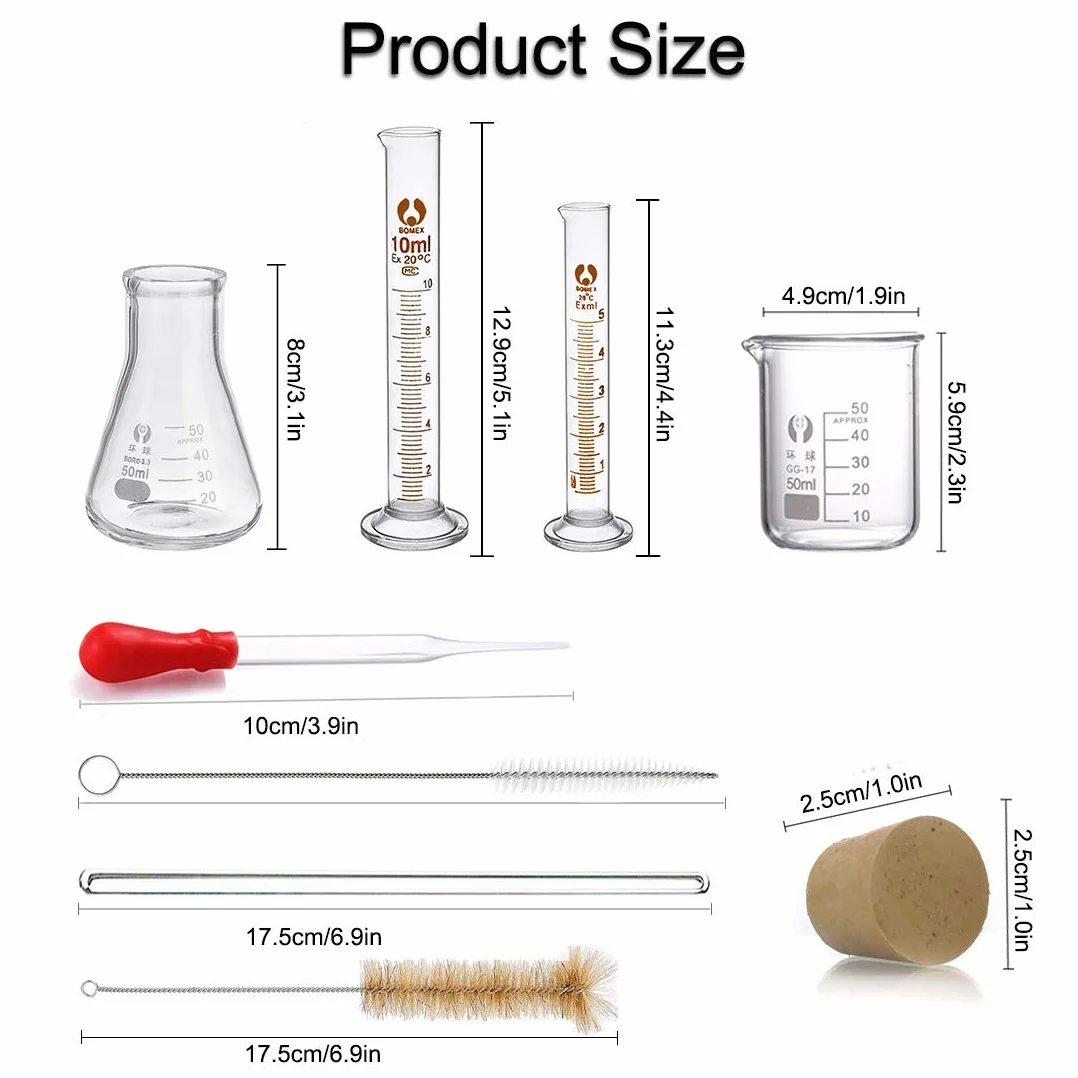 Juego de Matraz Erlenmeyer JESSTOLO 50ml, Vidrio Graduado, Cilindros de Medición 10ml/5ml, con Pipetas de Vidrio, Cepillos y Varillas de Agitación