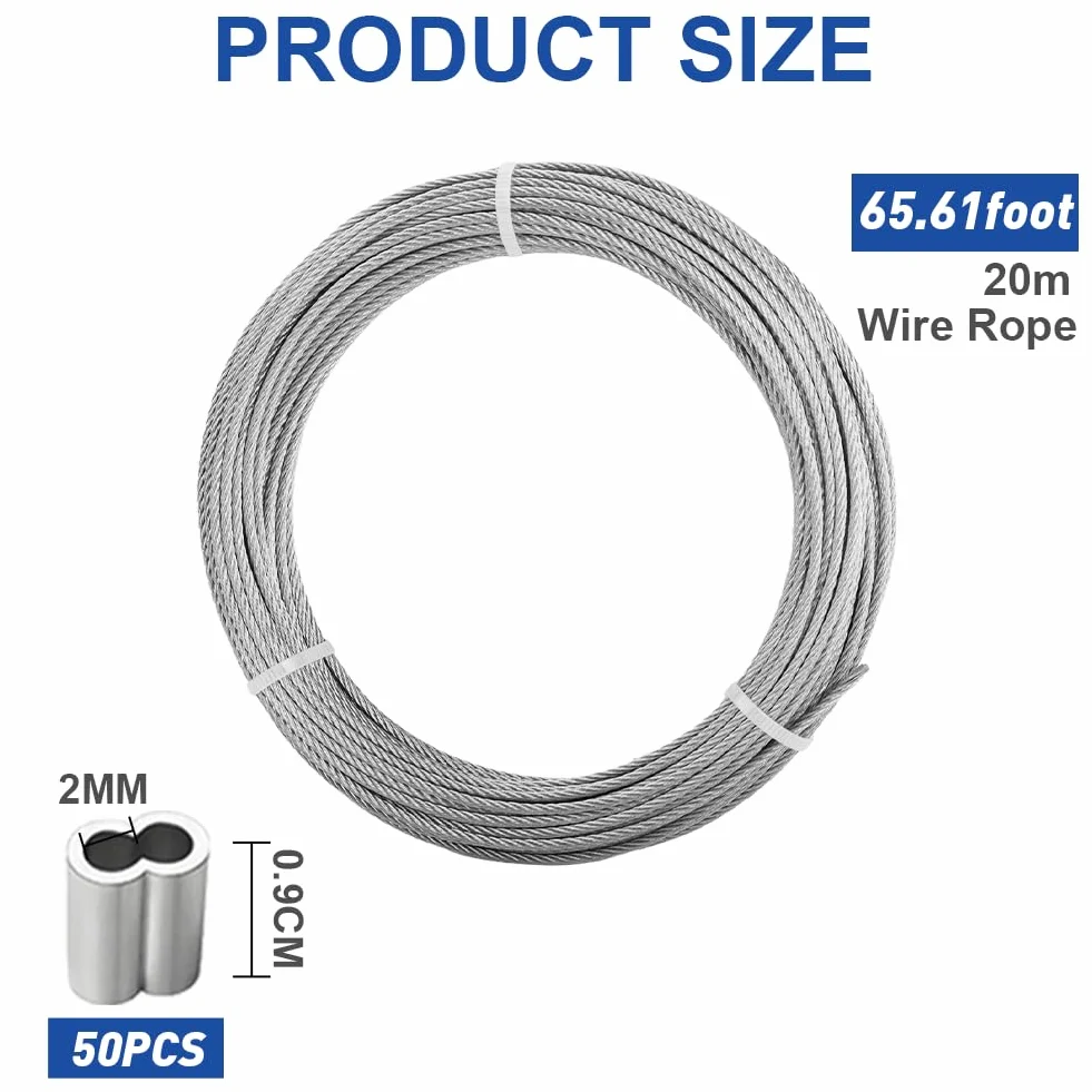Cuerda Metálica de Acero Inoxidable 20 m x 2 mm, Núcleo 7x7, para Jardín y Plantas Trepadoras