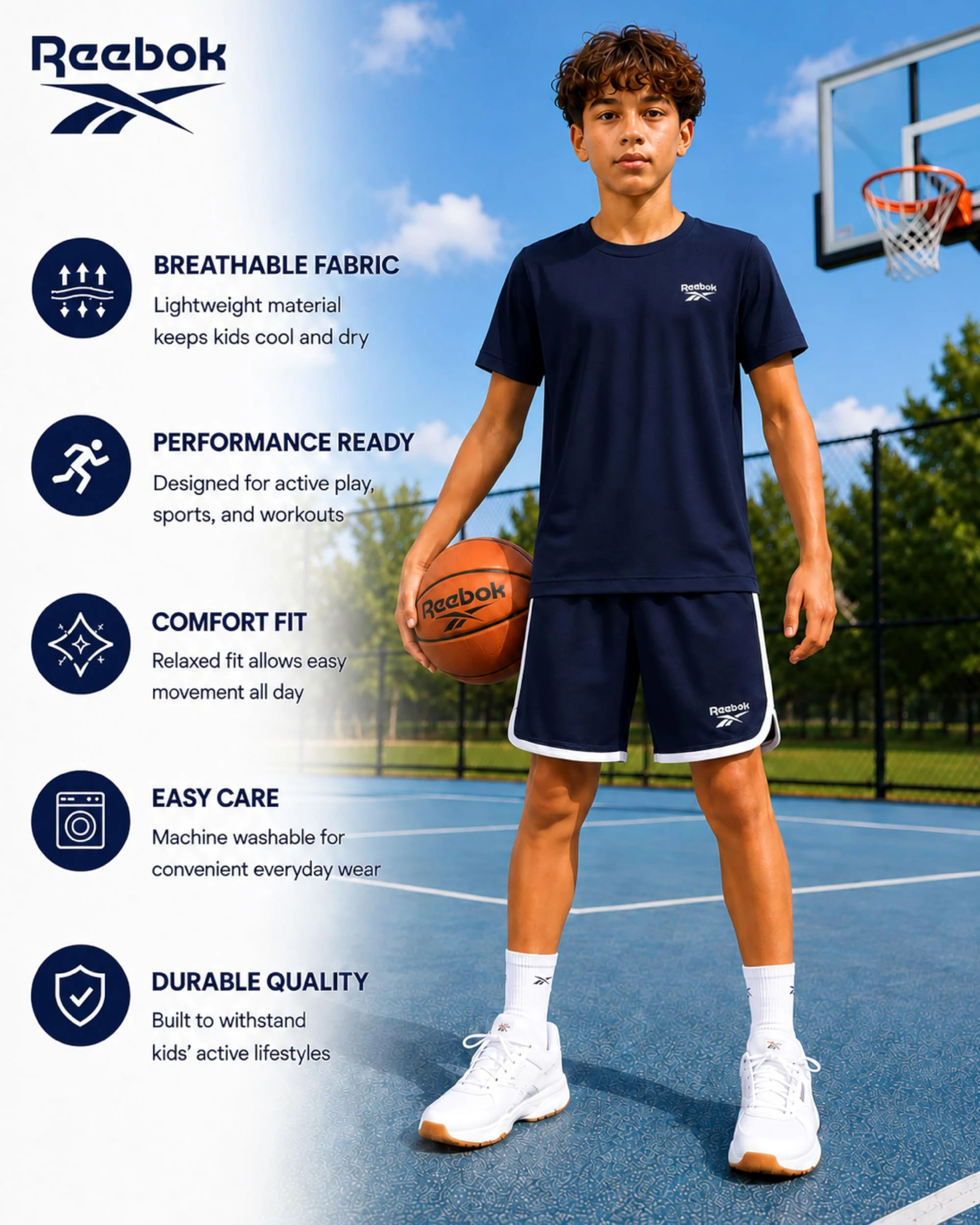 Reebok Conjunto de pantalones cortos deportivos para niños, ropa de verano de 3 piezas con camisetas gráficas y pantalones cortos de baloncesto para niños activos