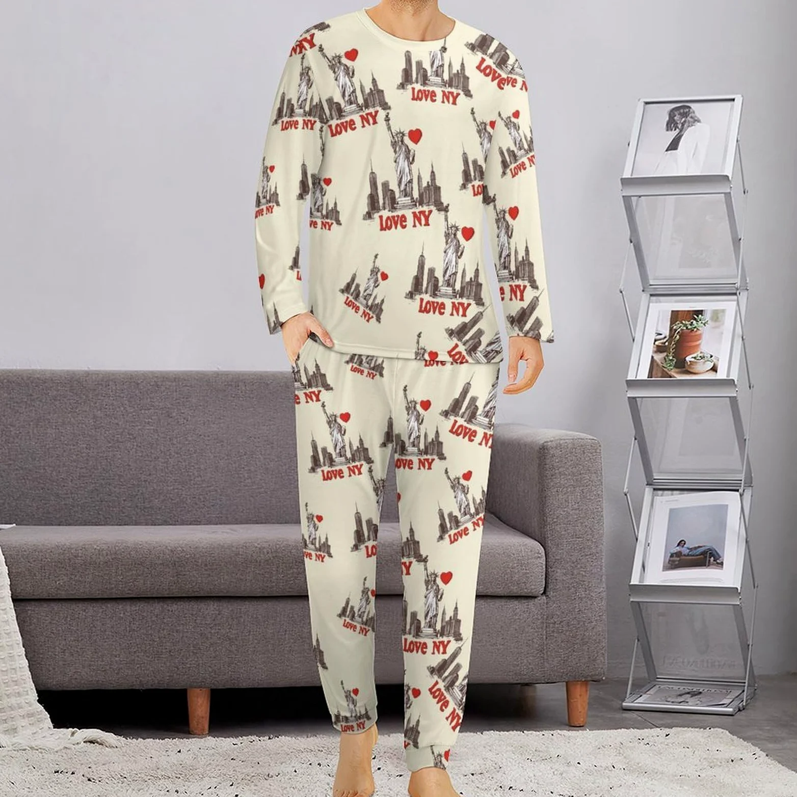 Love Ny New York - Conjunto de pijama para hombre, cuello redondo, ropa de dormir larga, 2 piezas