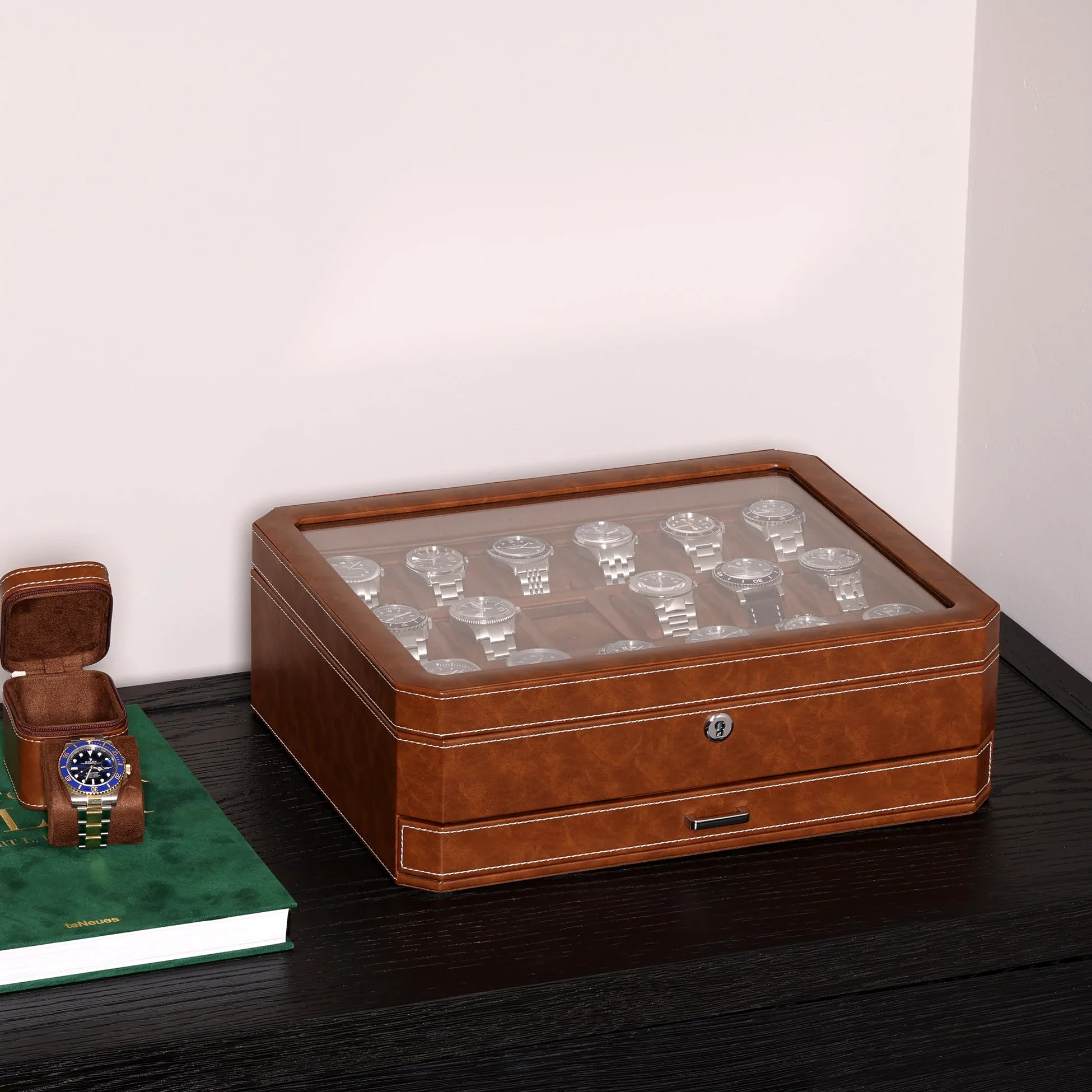 ROTHWELL Caja para 18 relojes con cajón para accesorios (marrón claro/marrón)