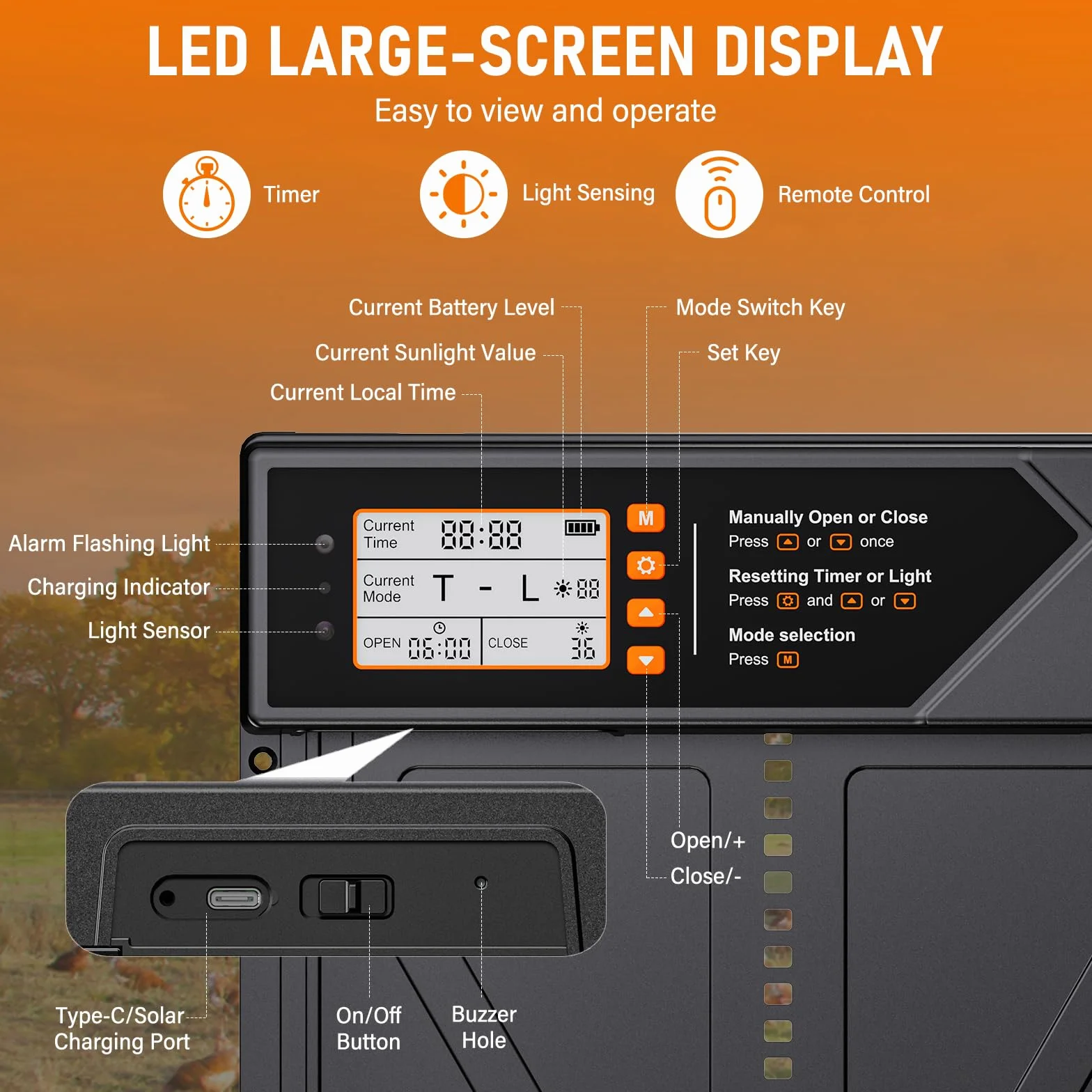Puerta Gallinero Automático Solar con Mando a Distancia, Sensor de Luz y Temporizador, Anti-atrapamiento