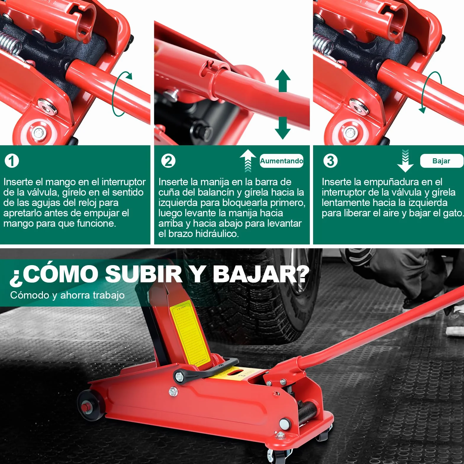 HYCHIKA Gato Hidraulico 3T 135-370 MM 360° Ruedas Giratorias para Coche