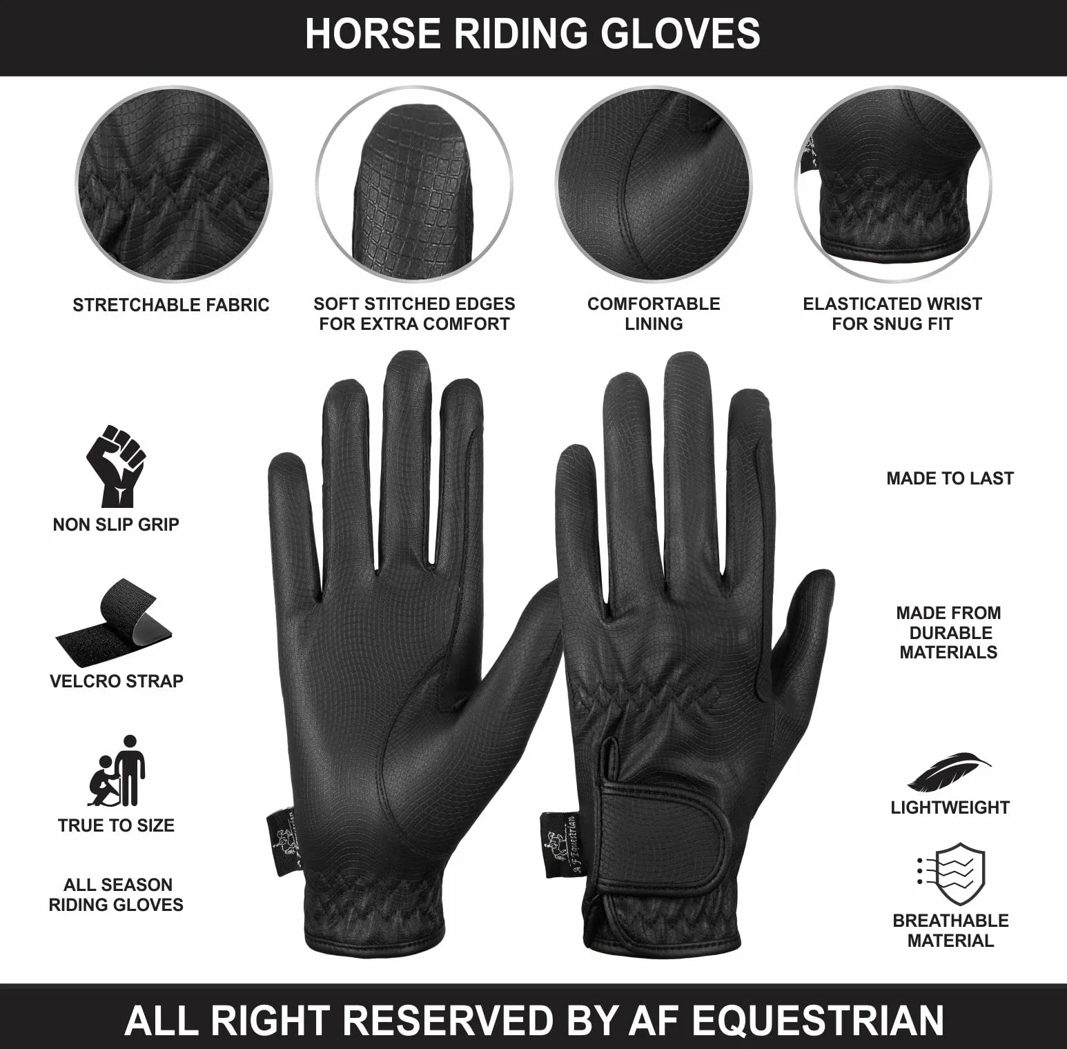 Synthetic Leather Equestrian Ladies Horse Riding Gloves Black Women's Pony Riding Gloves Black