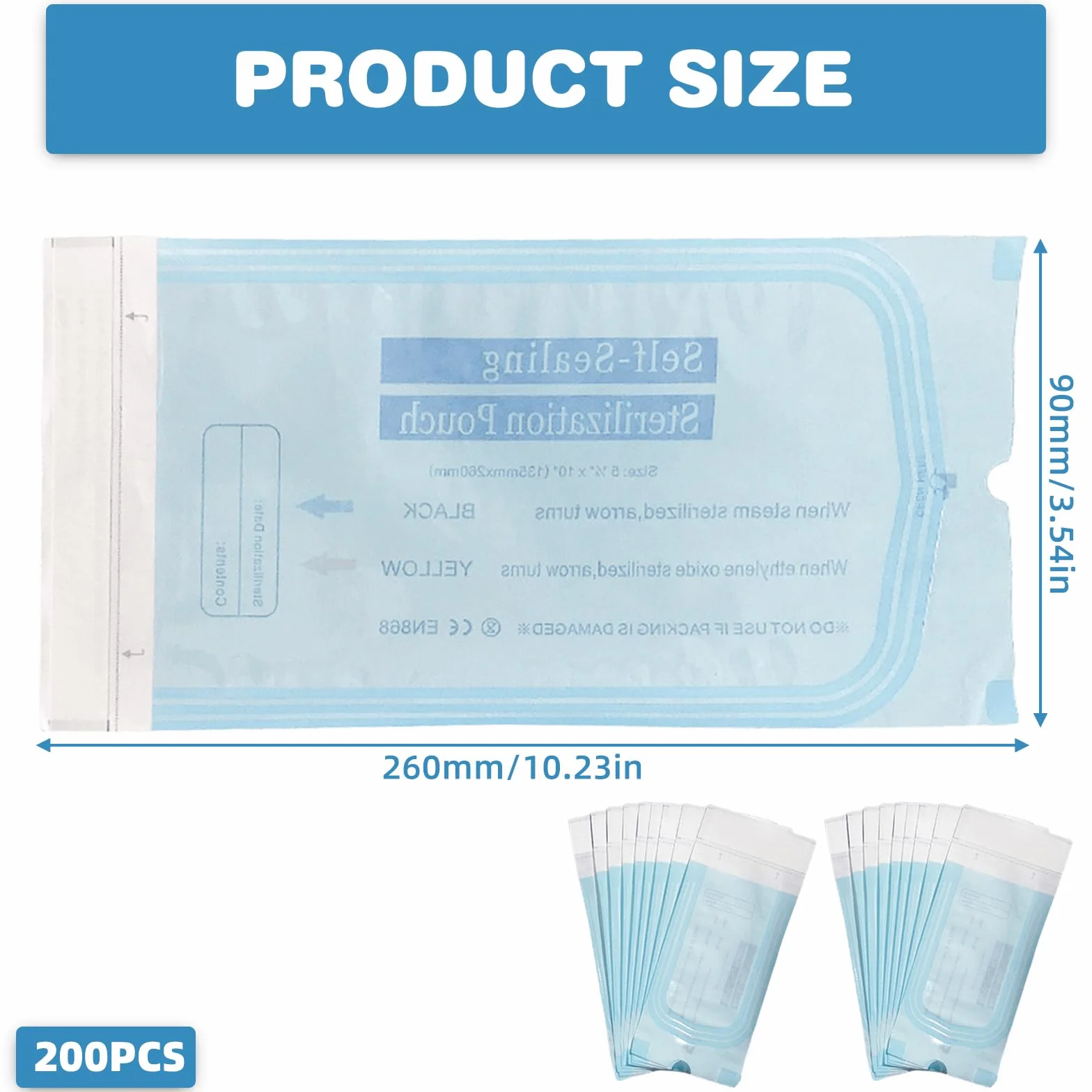 Bolsas de Esterilización Autoadhesivas 90mm x 260mm, 200 Unidades