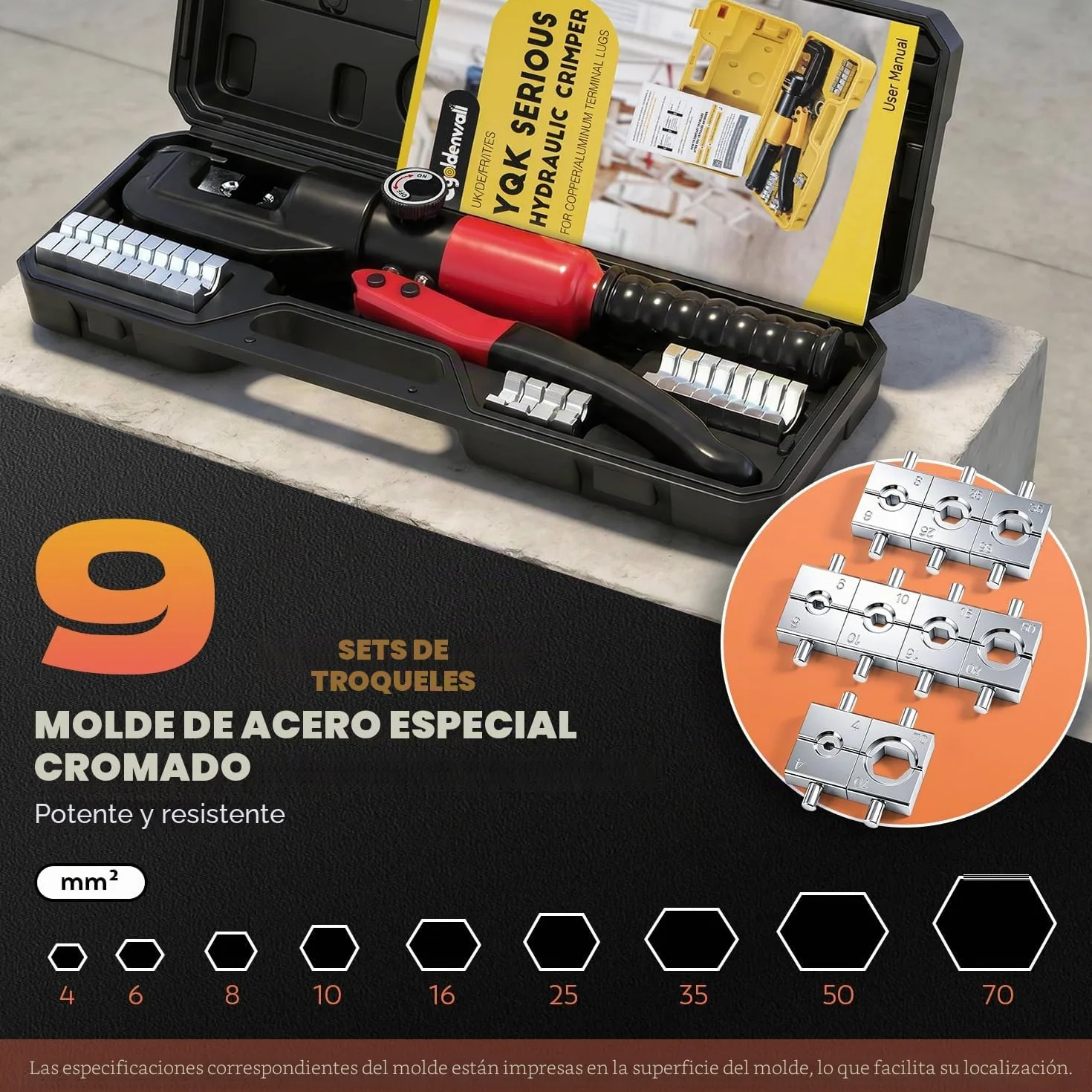 CGOLDENWALL Crimpadora Hidráulica Manual YQK-70 4-70m㎡ Mango Aislado Cabezal C