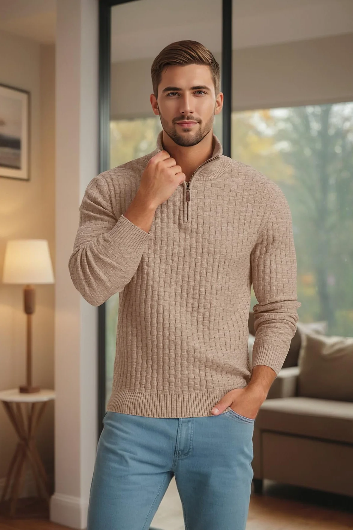 QIXING Jersey de punto para hombre, cuello medio, grueso, informal, con cremallera 1/4