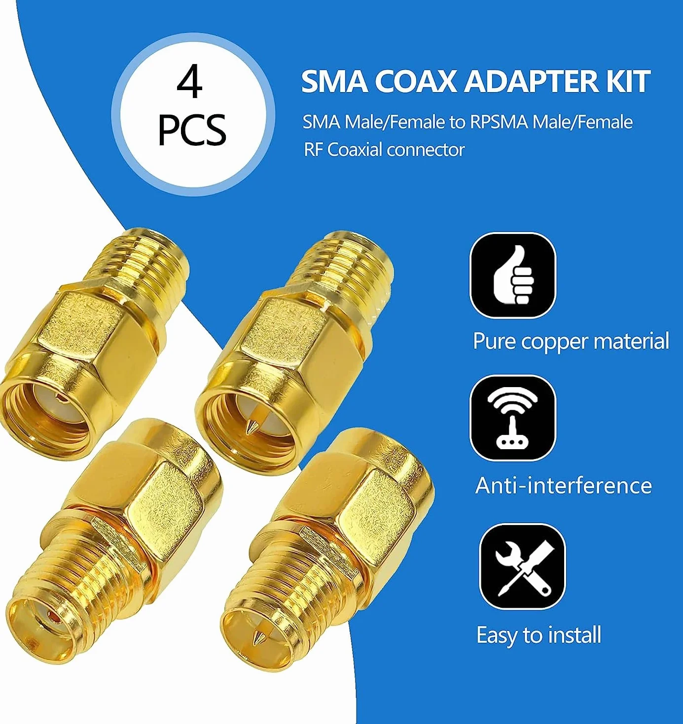 TUOLNK Kit de Adaptador Coaxial SMA Macho a Hembra RP-SMA, Paquete de 4