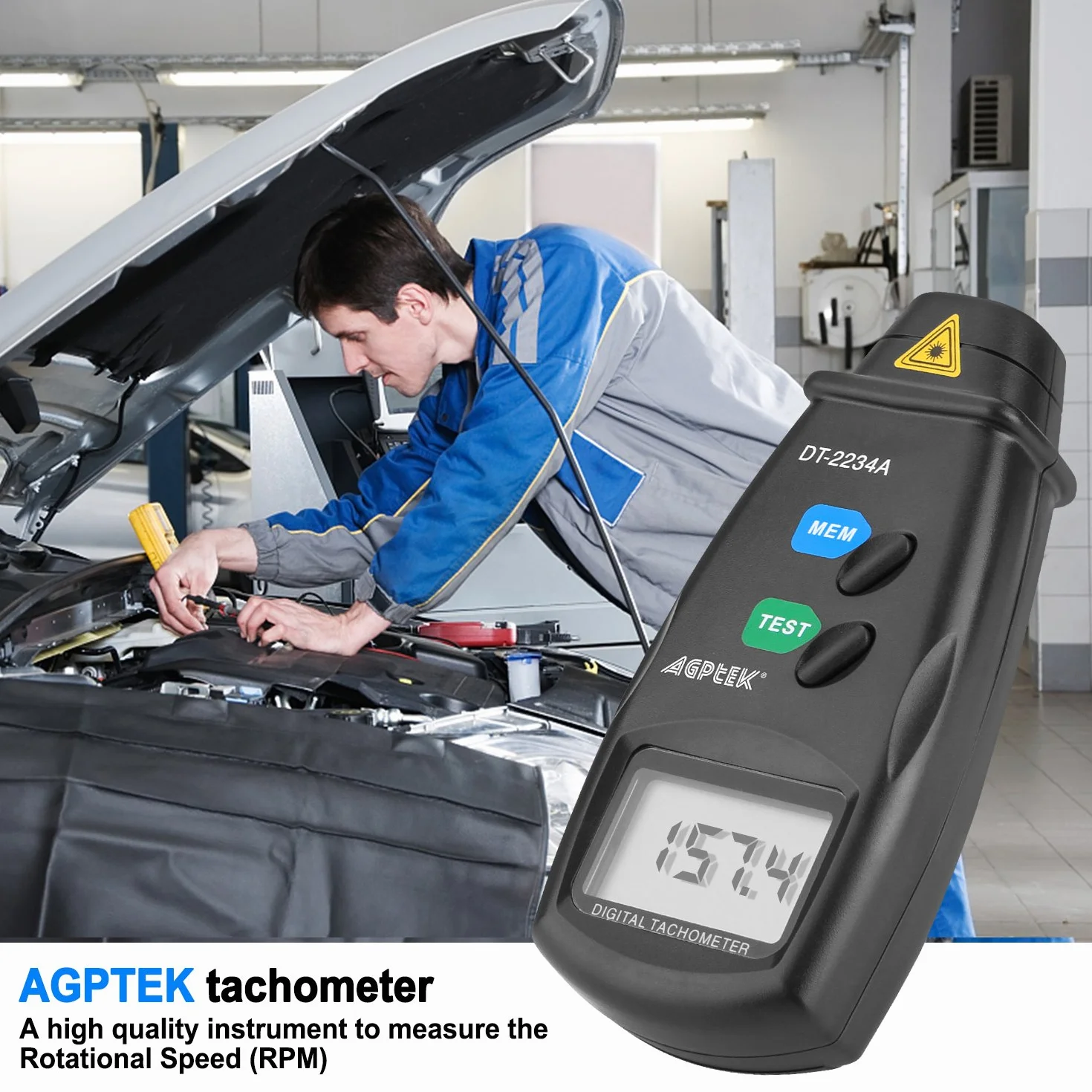 FITNATE 20713A Tacómetro Digital RPM, Medidor de Velocidad sin Contacto, 2,5~99 999 RPM con Baterías y Cinta Reflectante