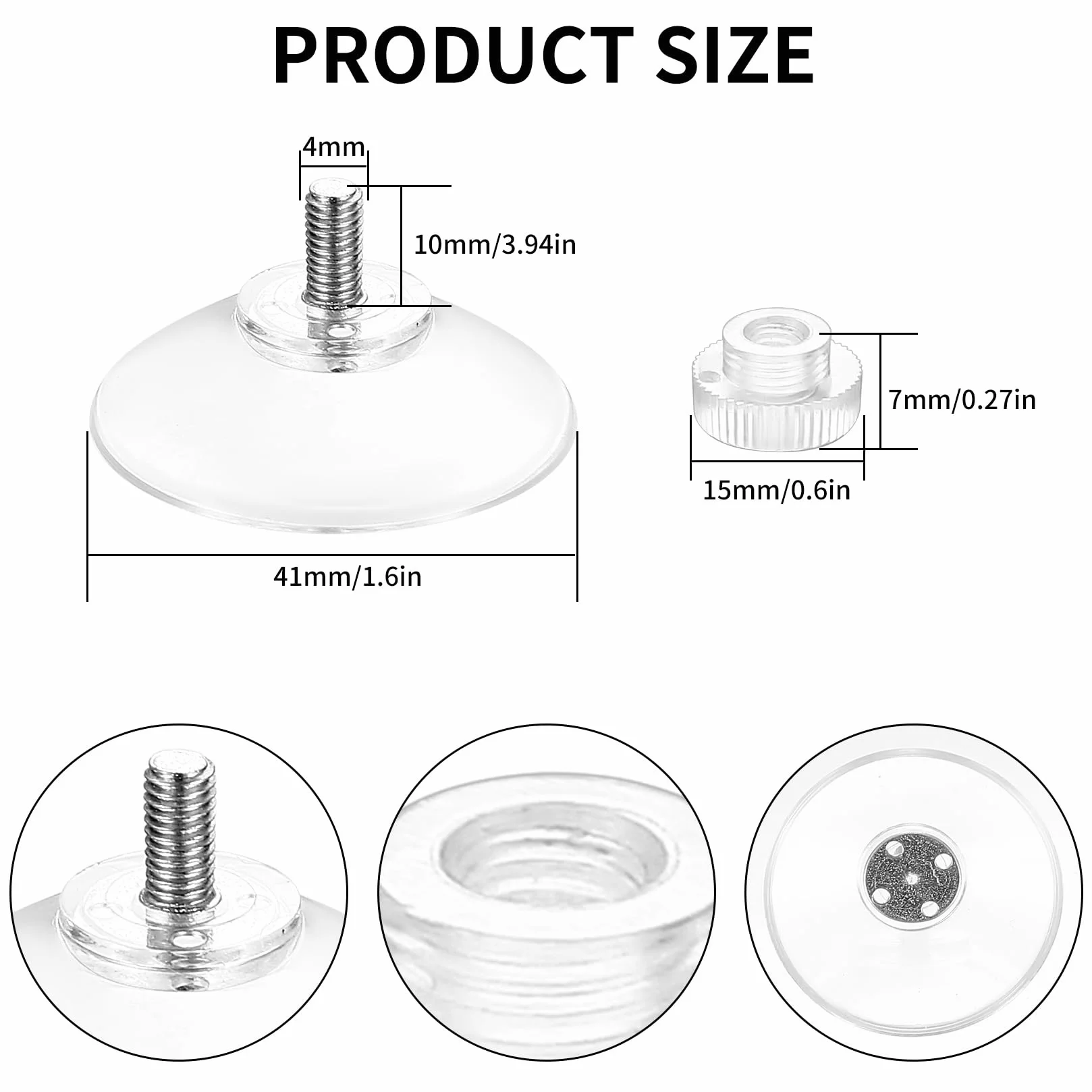 Ventosas Transparentes 40 mm con Rosca para Cristal, Plástico, Tuercas Moleteadas
