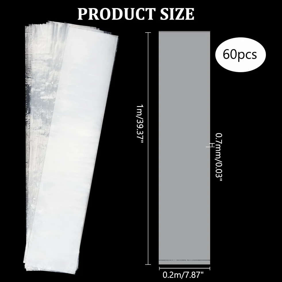 PH PandaHall 60 bolsas de plástico de polietileno transparente 2 mm 7.8 x 40 pulgadas tubo tubular manga larga plana abierta para pelucas carteles palomitas
