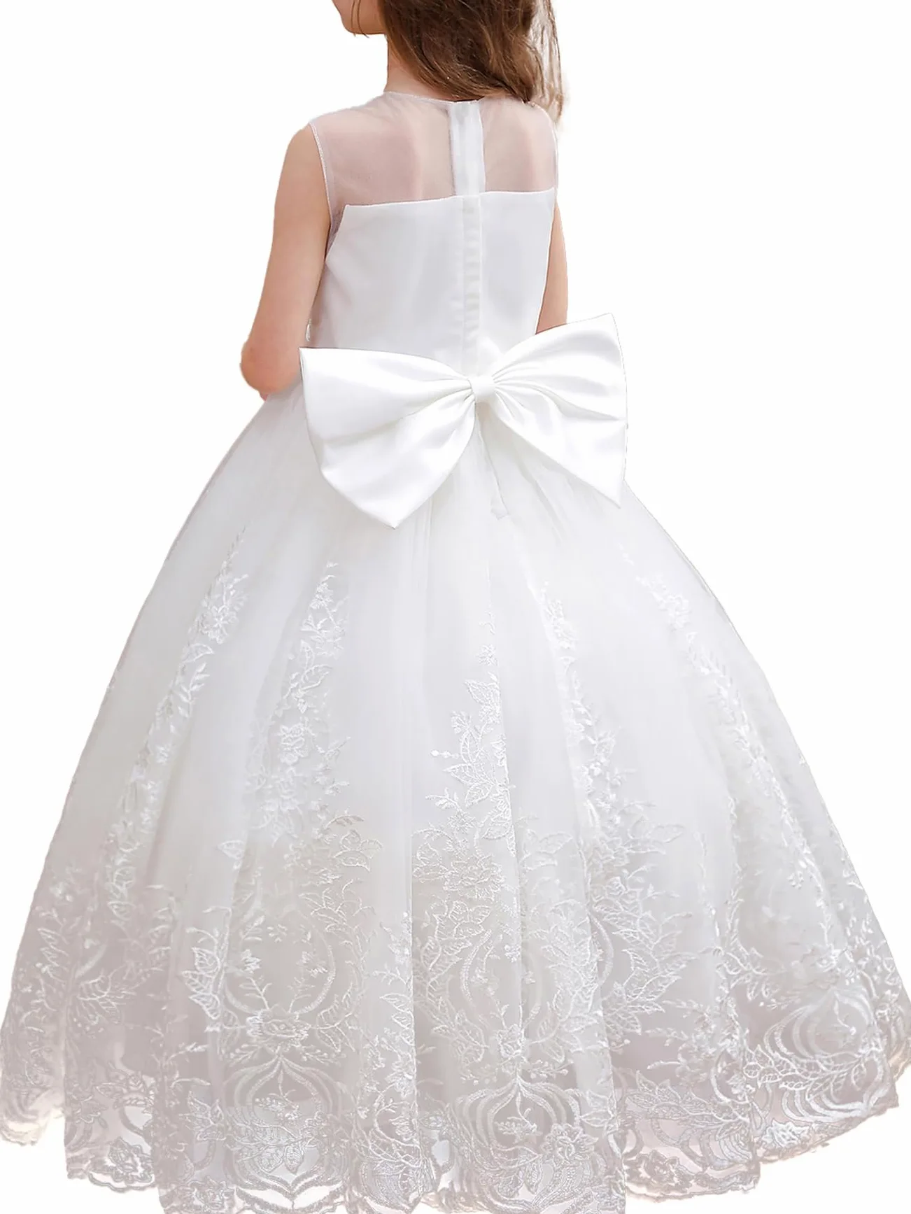 Aibaowedding Vestido de niña de flores bordado de tul de encaje vestido de fiesta de dama de honor cumpleaños fiesta comunión arco formal vestido de princesa
