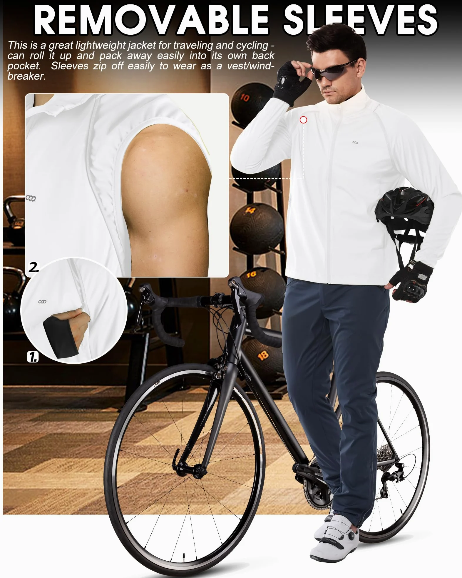 33,000ft Chaqueta de ciclismo para hombre, impermeable, transpirable, protección UV, ligera, con mangas desmontables, reflectante, chaqueta para correr, chaqueta plegable para hombre