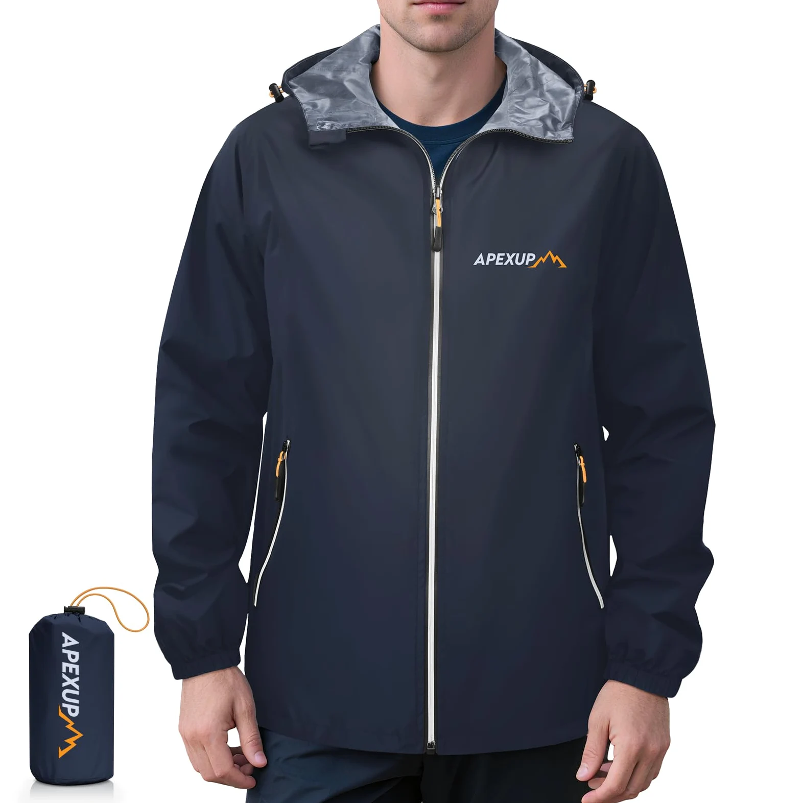 APEXUP Chaqueta impermeable plegable para hombre con cremallera reflectante, impermeable ligera, chaqueta impermeable para hombre para deportes al aire libre