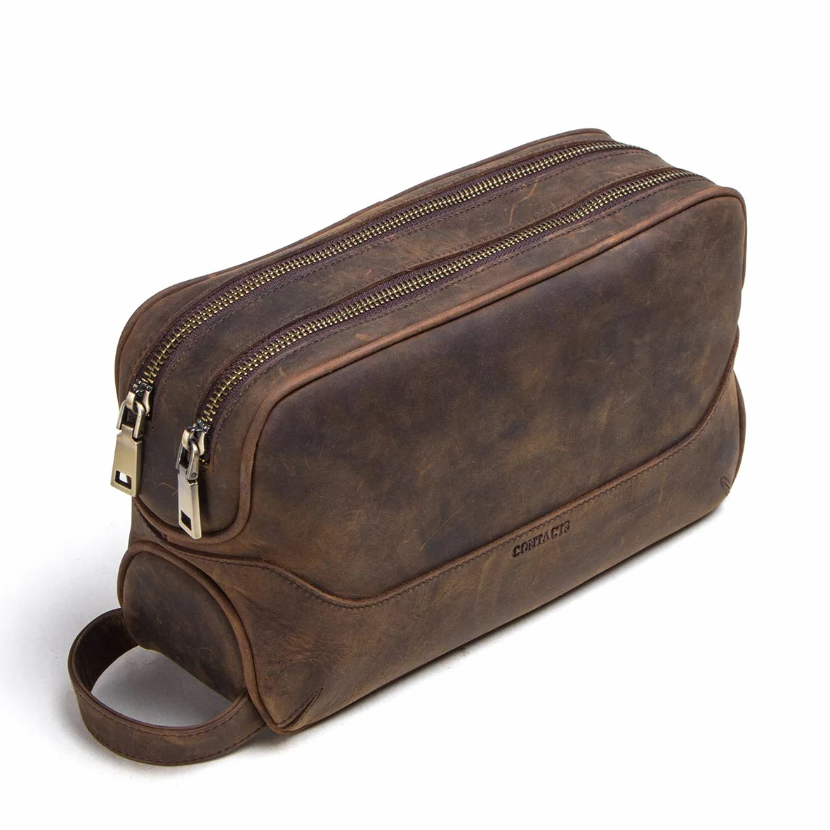 Contactos Hombre Bolsa de Aseo de Negocios de Viaje de Cuero de Vaca con Gran Capacidad Doble Cremallera, 5#café, Taille Unique, Bolsa de Aseo