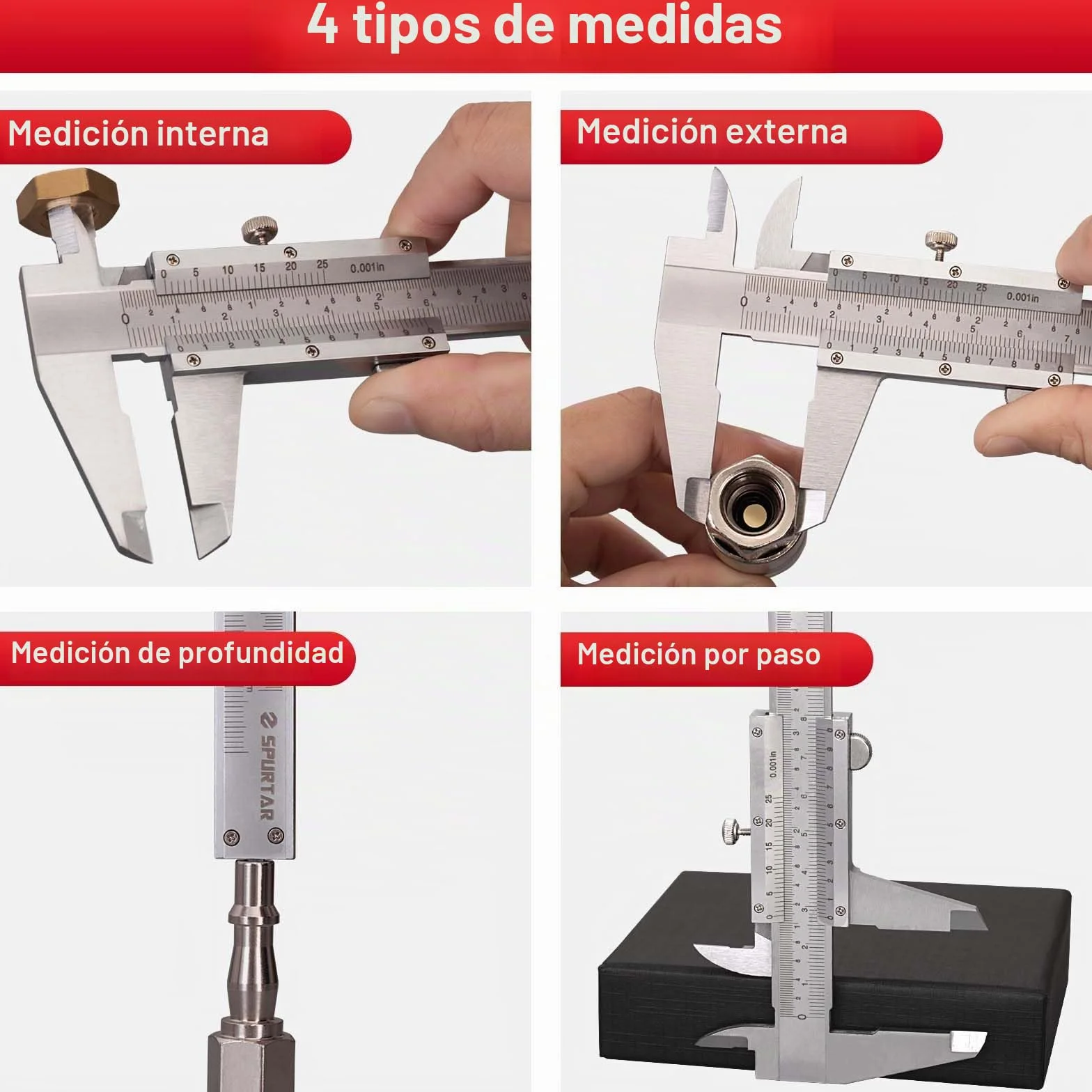 Spurtar Calibre 150 mm 6 pulgadas analógico medición diámetro profundidad 0,02 mm 0,001 pulgadas