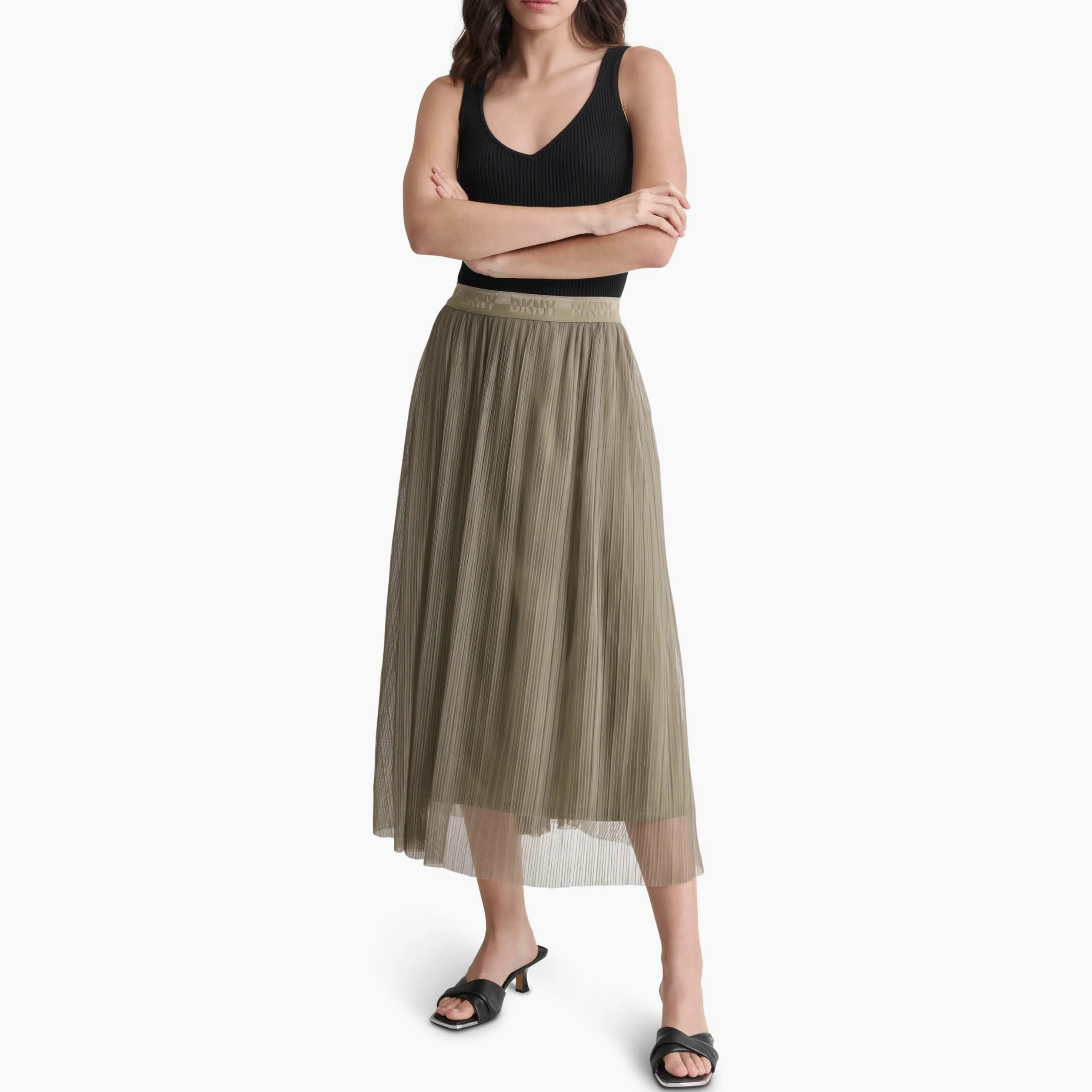 DKNY Logo Waist Band Plisse Mesh Skirt Falda para Mujer