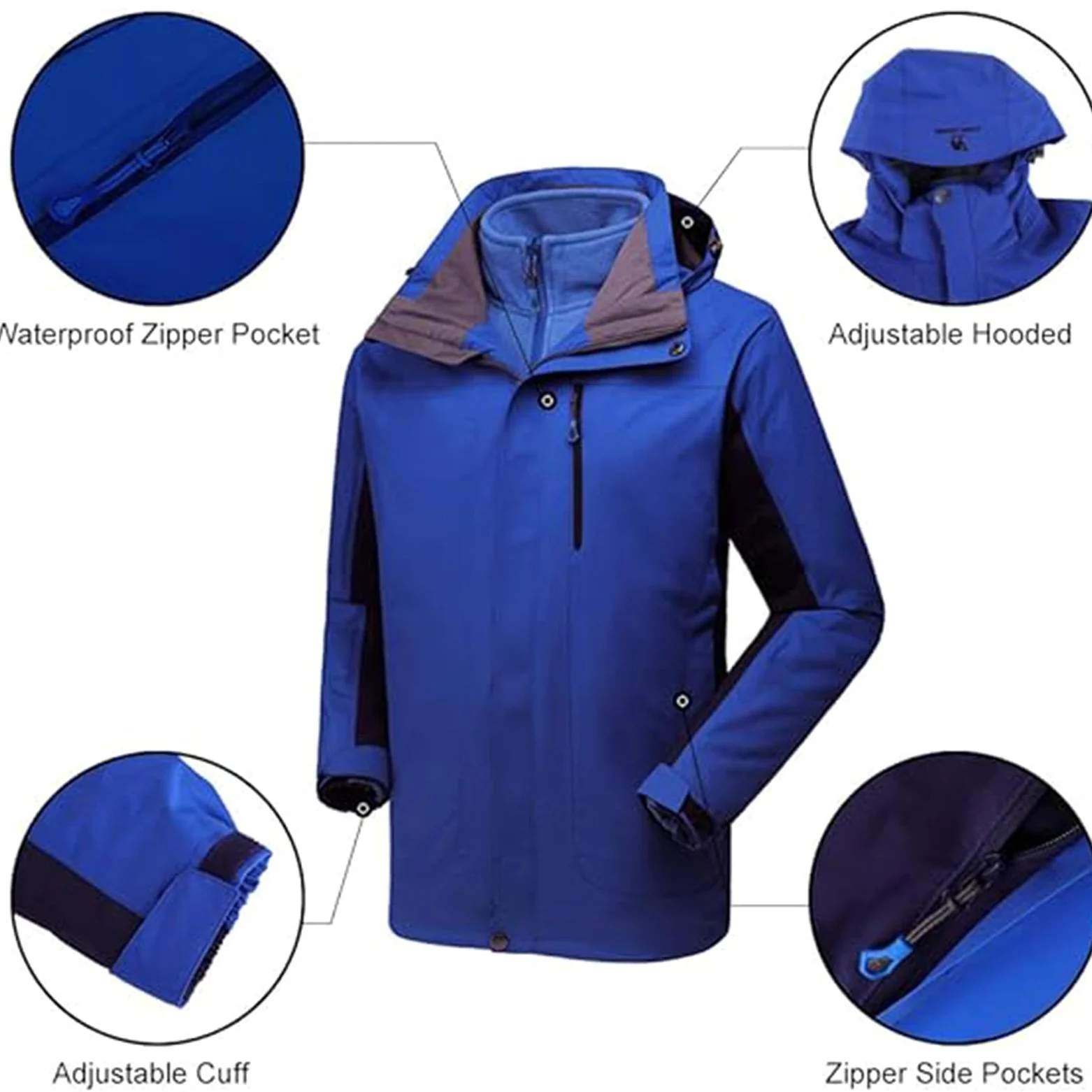 Chaqueta de Esquí para Hombre Chaqueta de Invierno Impermeable 3 en 1 Chaqueta para La Nieve Capucha Resistente Al Viento con Abrigo Interior de Forro Polar Cálido,E-XXL