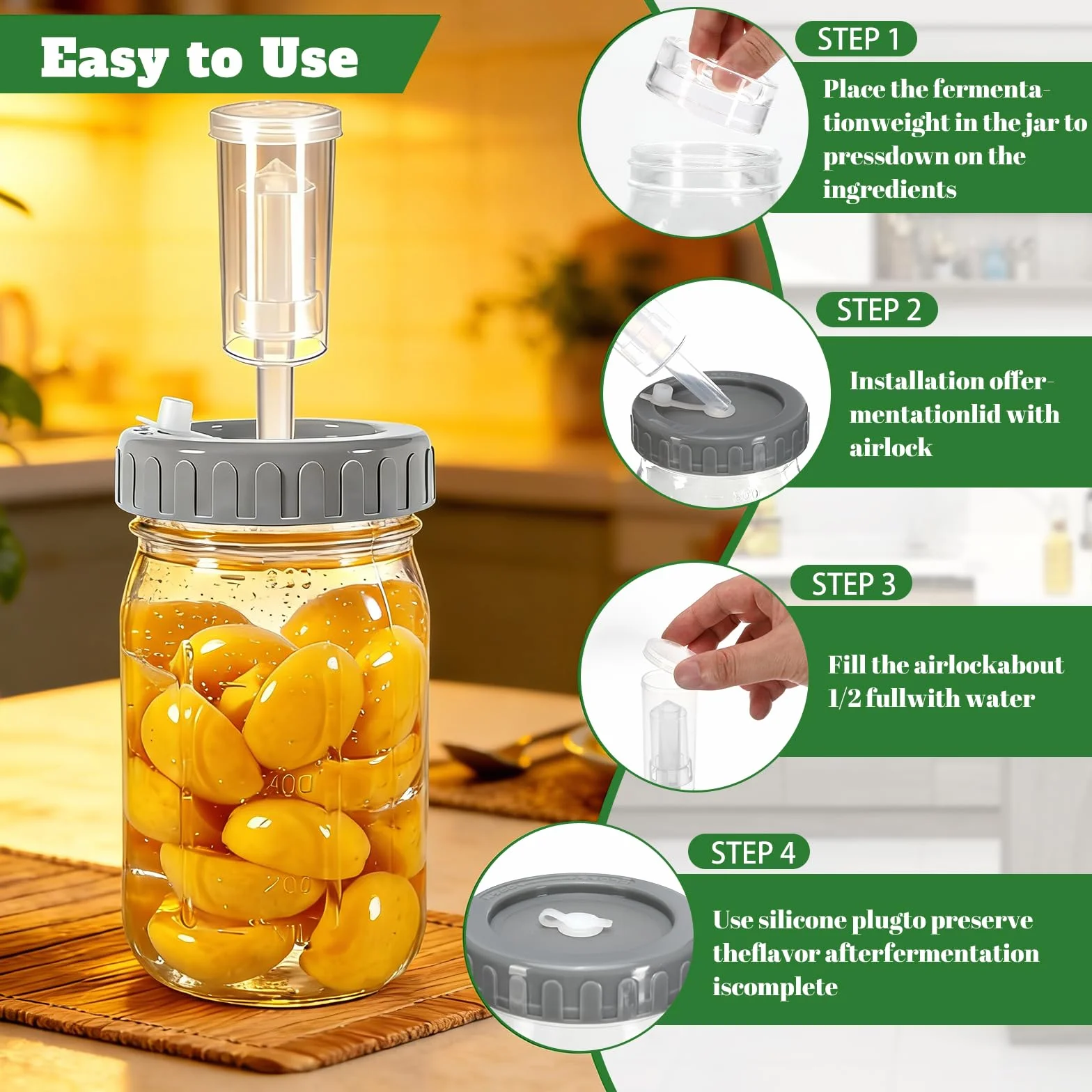 Frasco De Fermentación De Vidrio 1 Litro con Pesas y Bloqueo de Aire Kit para Kimchi Kombucha Chucrut