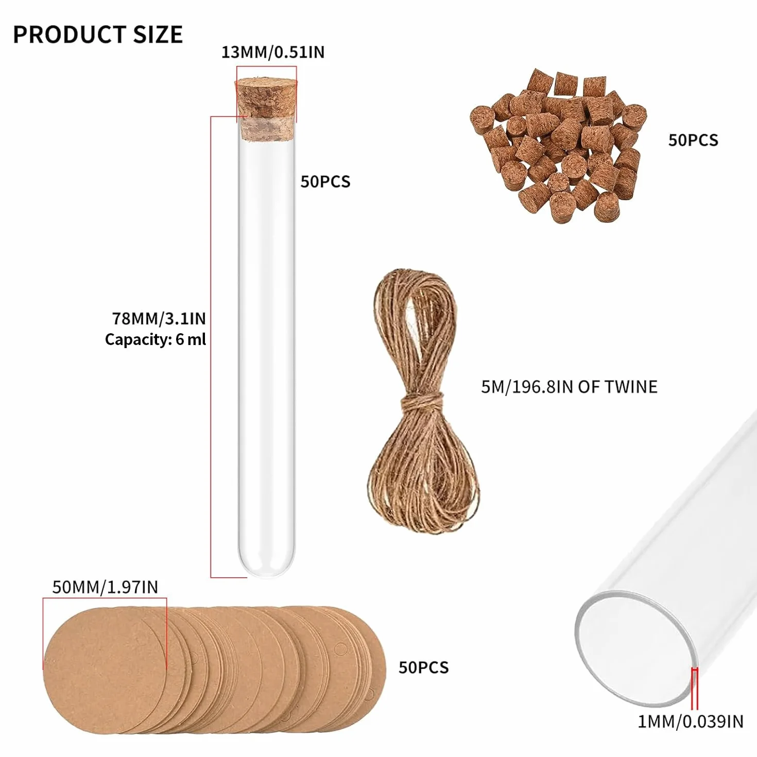 Tubos de Ensayo Plastico Transparente 13x78 mm 6ml con Tapones de Corcho y Cuerda de Cáñamo 50 Pcs