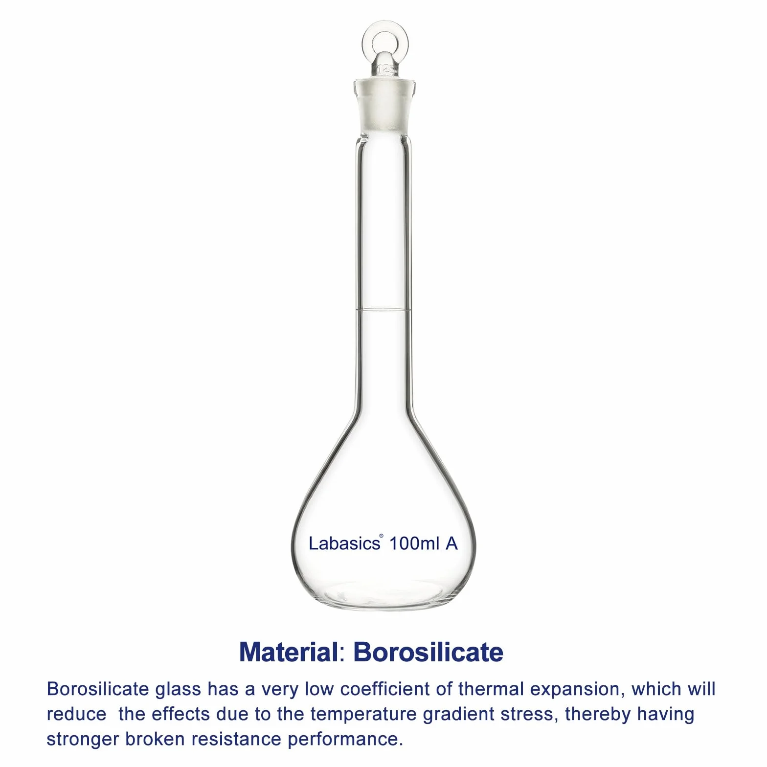 Labasics Matraz Aforado 100 ml Vidrio Borosilicato Clase A Tapón Vidrio Transparente para Laboratorio Químico Analítico