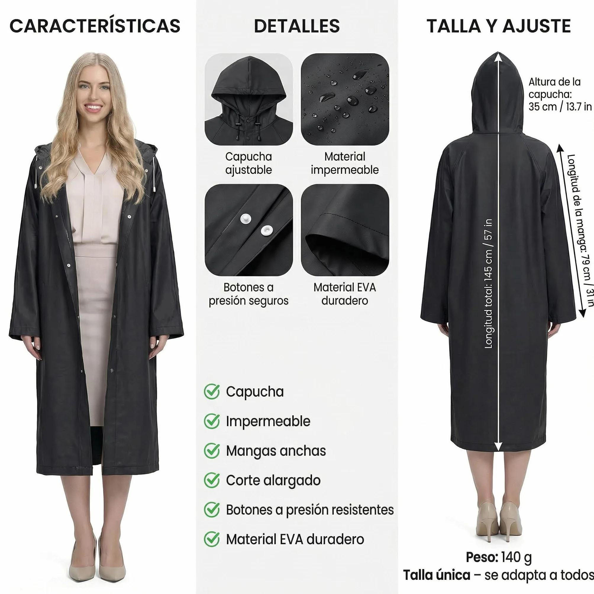 Poncho de Lluvia Impermeable con Capucha y Mangas, Reutilizable, Talla Única para Hombre y Mujer
