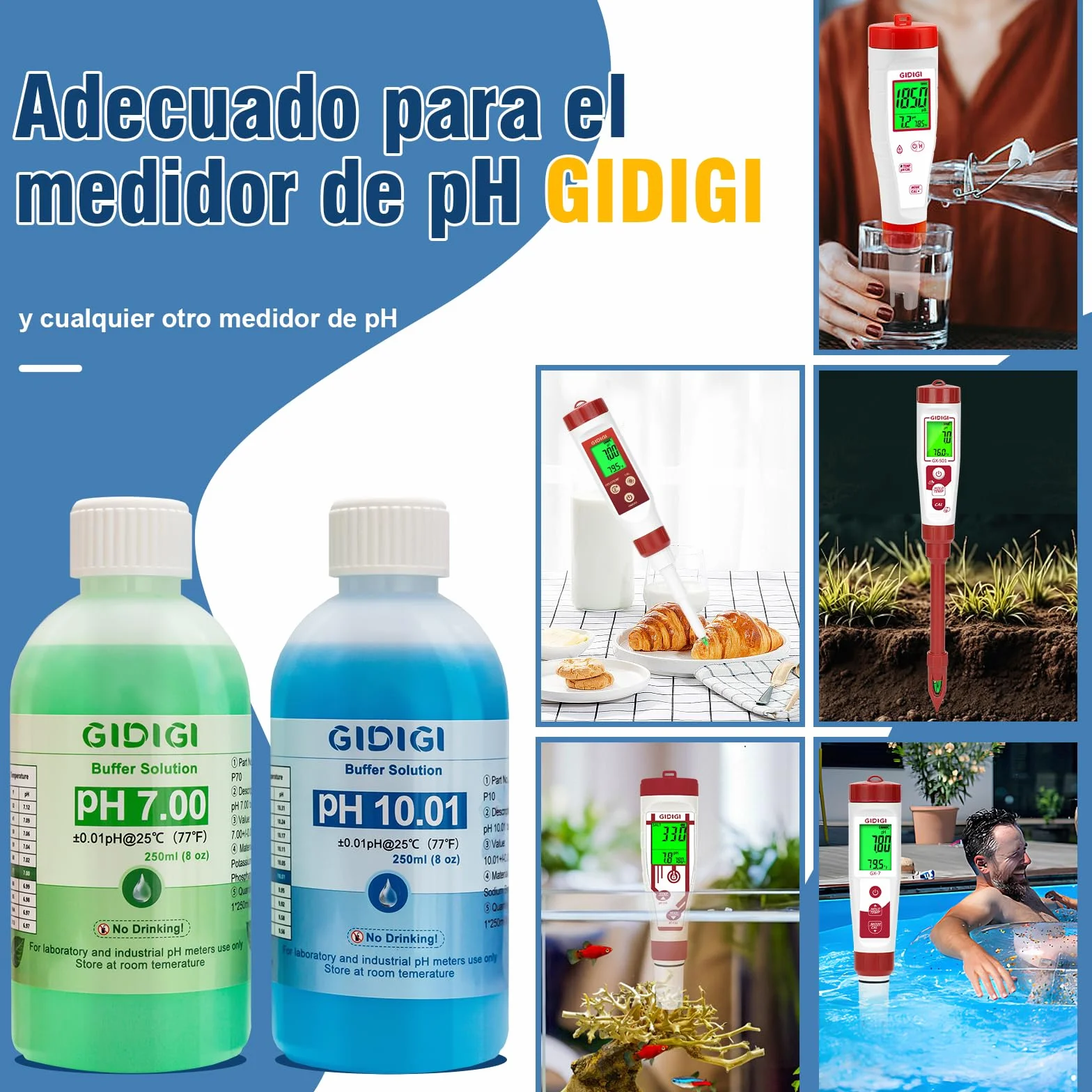 Kit de solución de calibración de medidor de pH, pH 7,00, 10,01 y solución de protección de electrodo