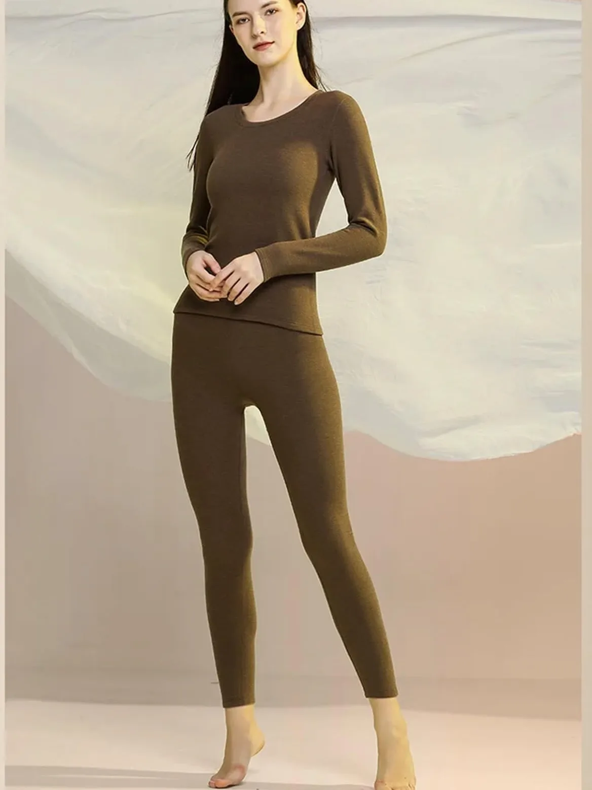 Ropa térmica cálida de Lana Seda for Mujer, Conjuntos Dos Piezas básicos Gruesos con Cuello Redondo for otoño e Invierno para Esquí,Moto