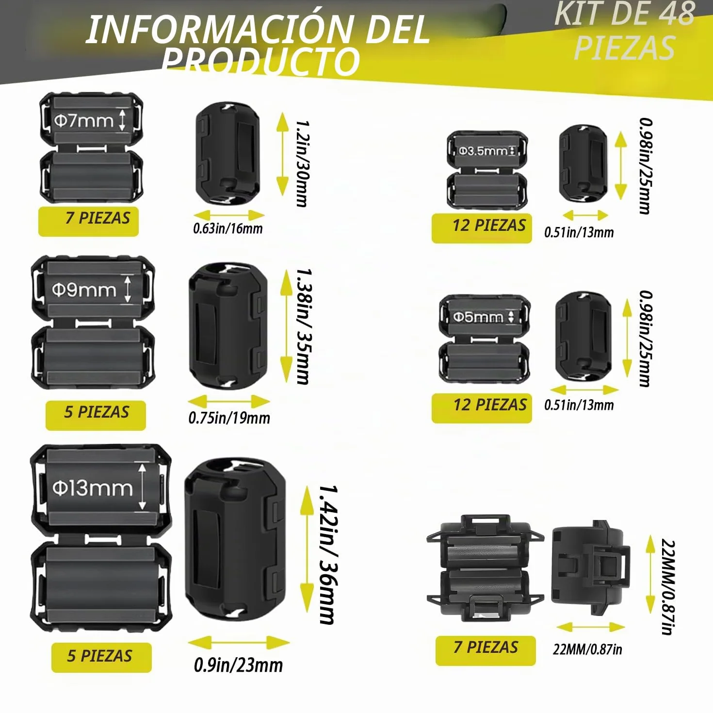 48 Piezas Núcleo de Anillo de Ferrita Supresor de Ruido RFI EMI Clip de Cable 3.5-13mm Diámetro Interior