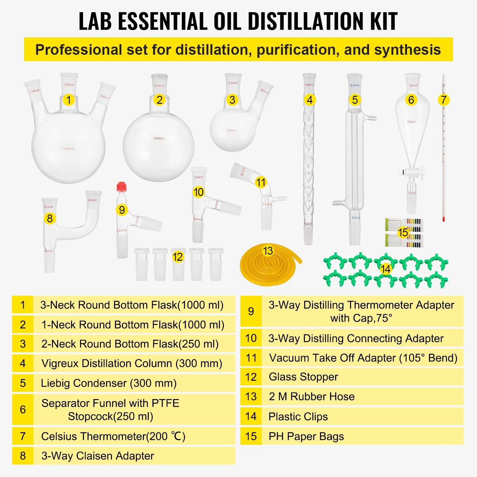 VEVOR Kit de Destilación de Laboratorio de Vidrio Boro 3.3, 1000 ml, 29 Piezas, con 24 y 40 Compuestos
