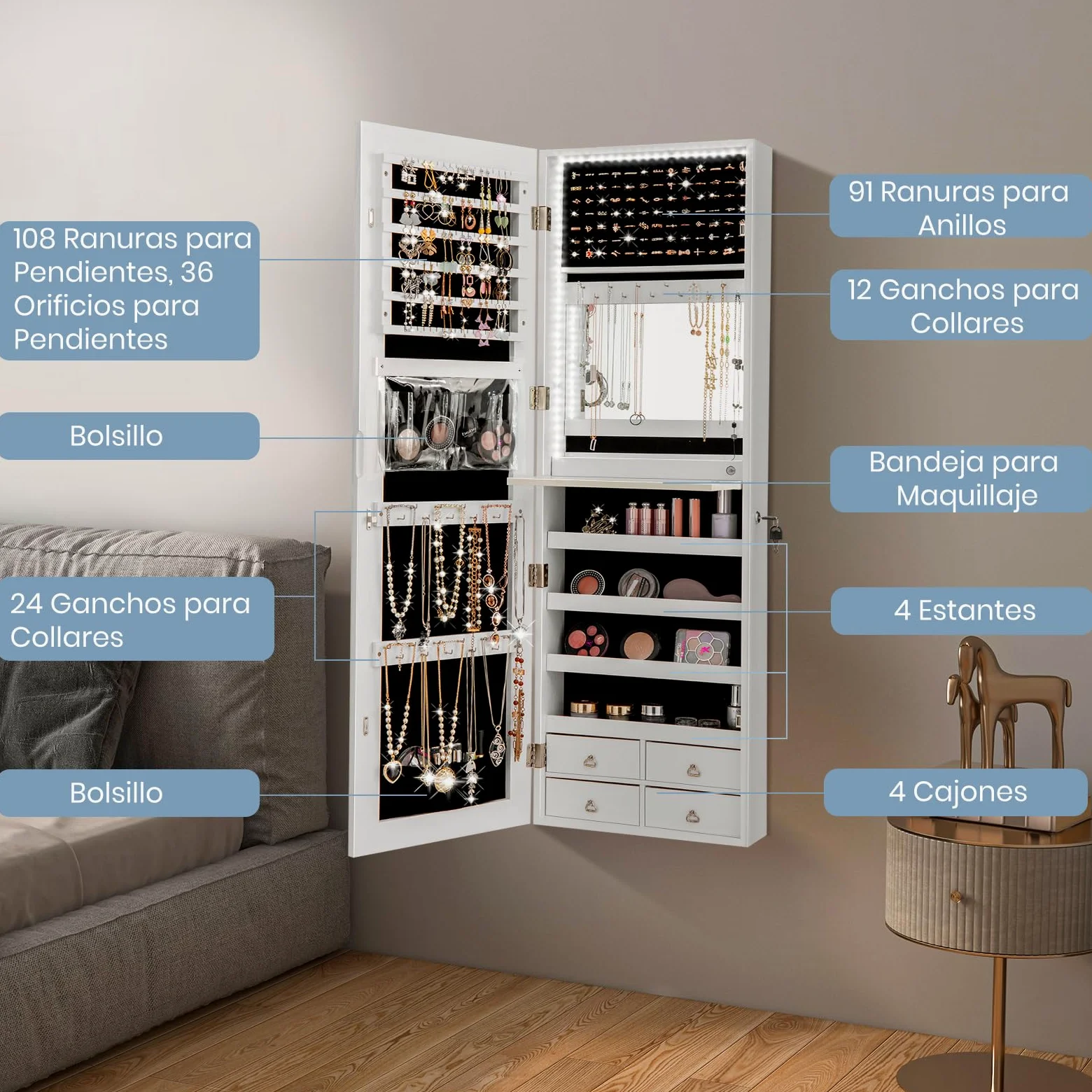 GOPLUS Espejo Joyero con LED, 120 x 37 x12 cm, Armario con Espejo de Pared y en Puerta, Organizador para Pendientes, Collares con Almacenaje, Decoracion Dormitorio Blanco
