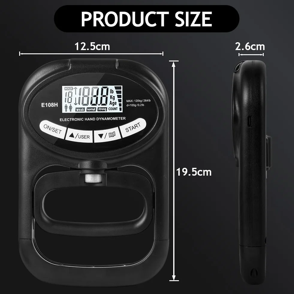 Dinamómetro de Mano Digital 265 lb 120 kg Entrenador de Fuerza de Agarre OSDUE
