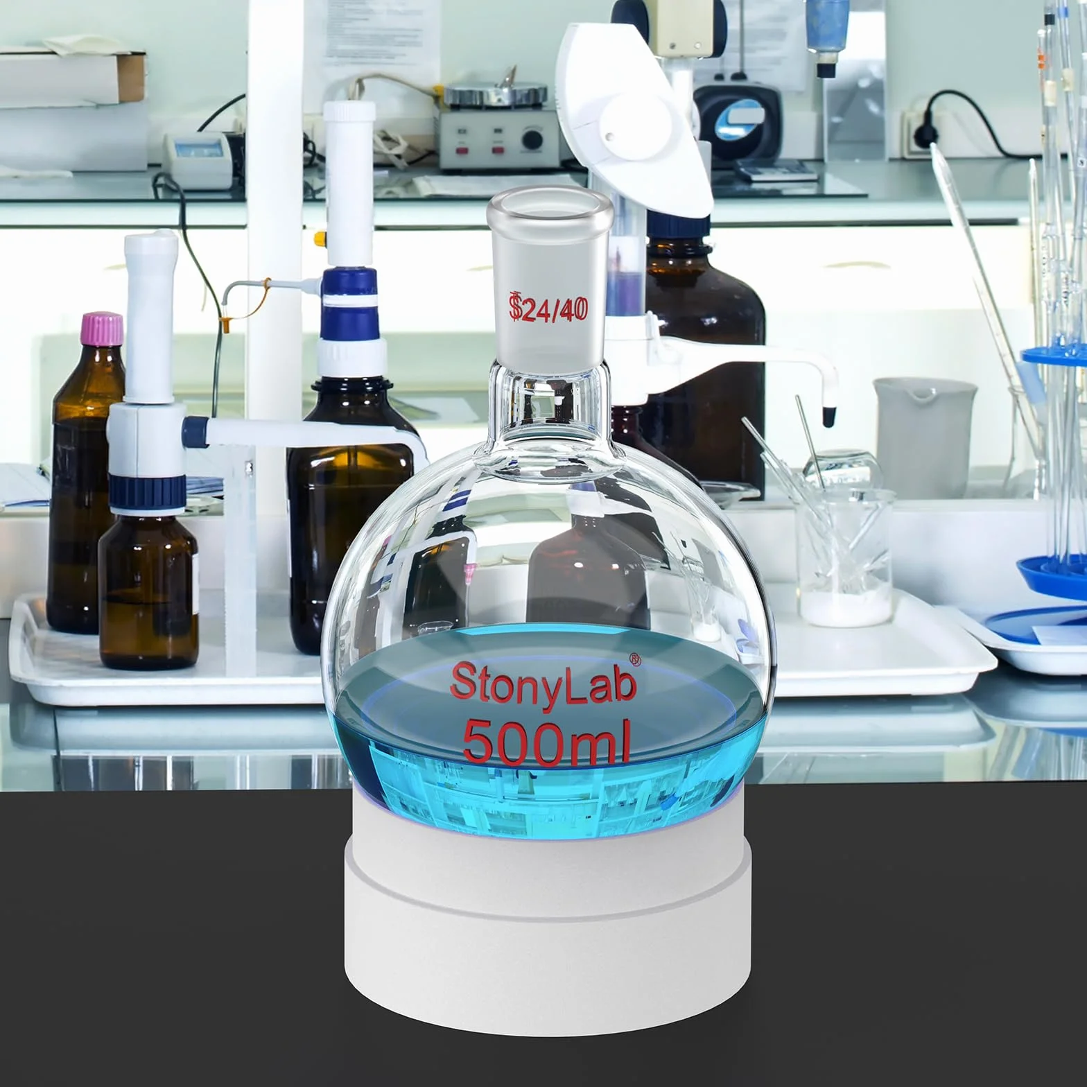 StonyLab 500ml Frasco de Vidrio Redondo con Fondo Redondo, RBF, Junta Exterior Cono Estándar 24/40