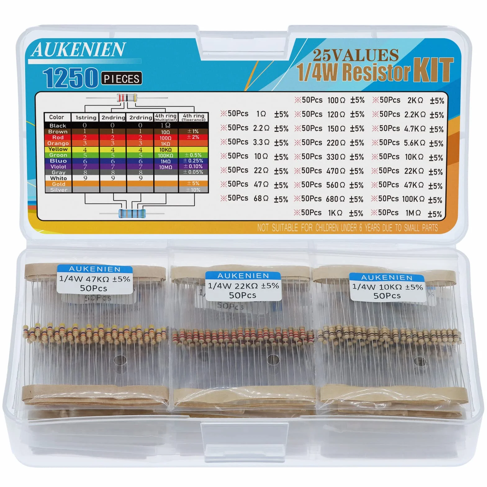 AUKENIEN 1250 Piezas Kit Resistencias 1/4W 25 Valores Película de Carbono 5%