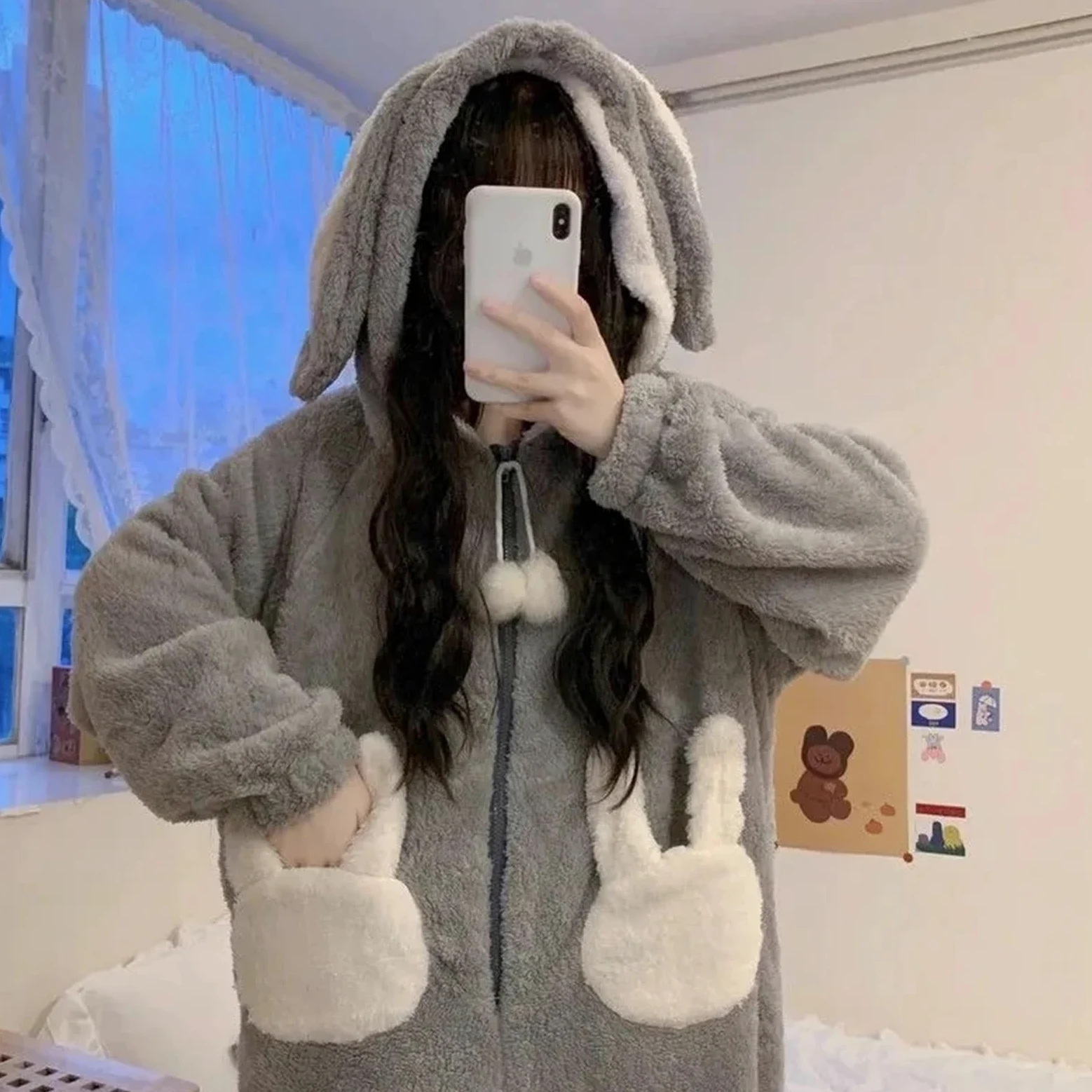 Monos con Capucha de Conejito for Mujer, Lindos Pijamas Kawaii, Ropa de Dormir cálida de Invierno, Ropa de Dormir de Dibujos Animados de Animales, Acogedor con Bolsillos(XL)