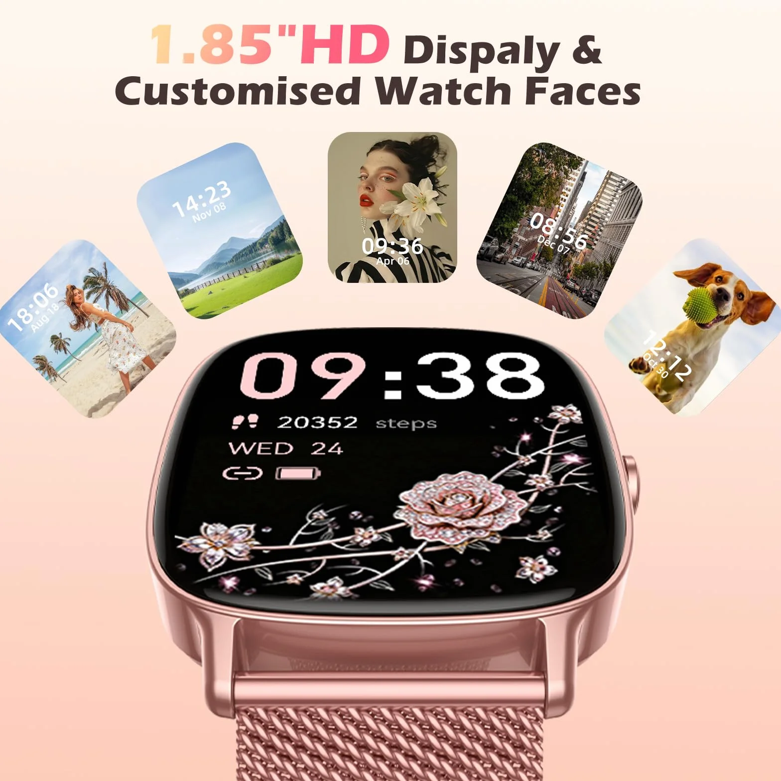Reloj Inteligente Mujer,Respuesta/Realización Llamadas,Pantalla Ultra Nítida 1.85''HD,Monitor Fitness Tracker Frecuencia Cardíaca,Sueño/SpO2,Compatible IOS/Android,120+Modos Deportivos,IP68 y 2Correas