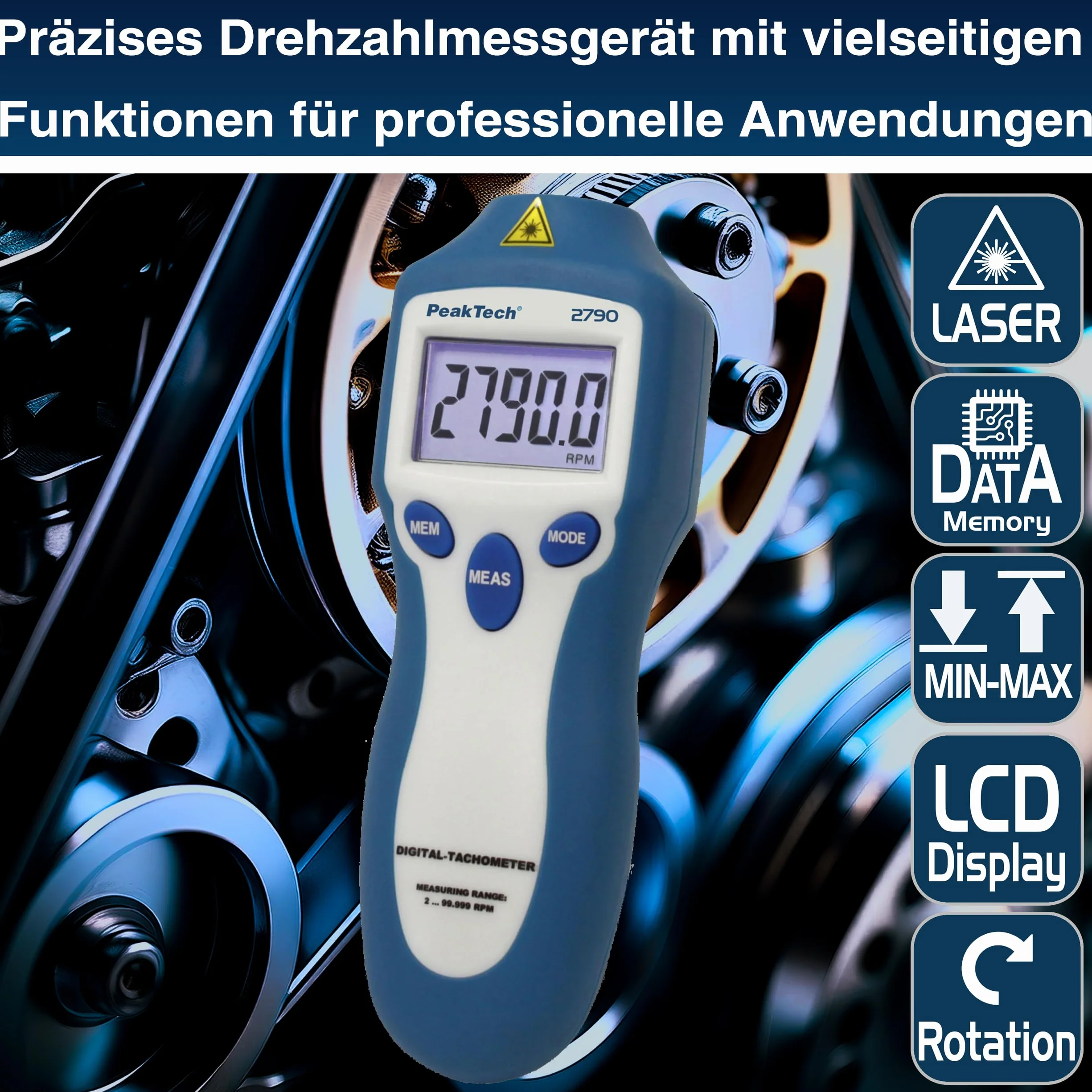 PeakTech 2790 Tacómetro cuentarrevoluciones 100.000 sin contacto 2 y 4 tiempos gasolina diesel