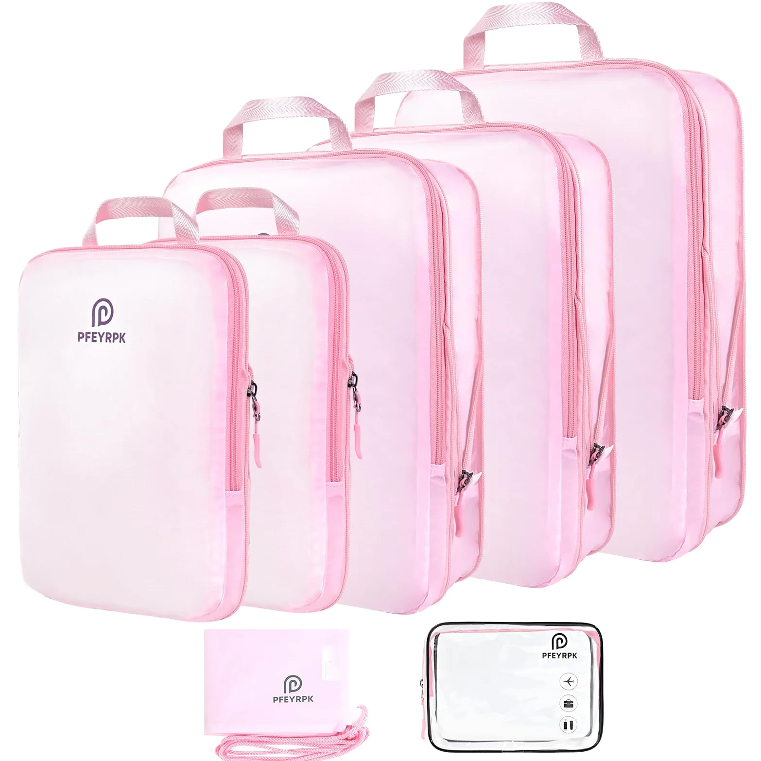 PFEYRPK Cubos de embalaje de compresión ligeros para maletas, organizador de viaje expandible y compresible con artículos de tocador transparentes y bolsa de mochila, artículos esenciales de viaje