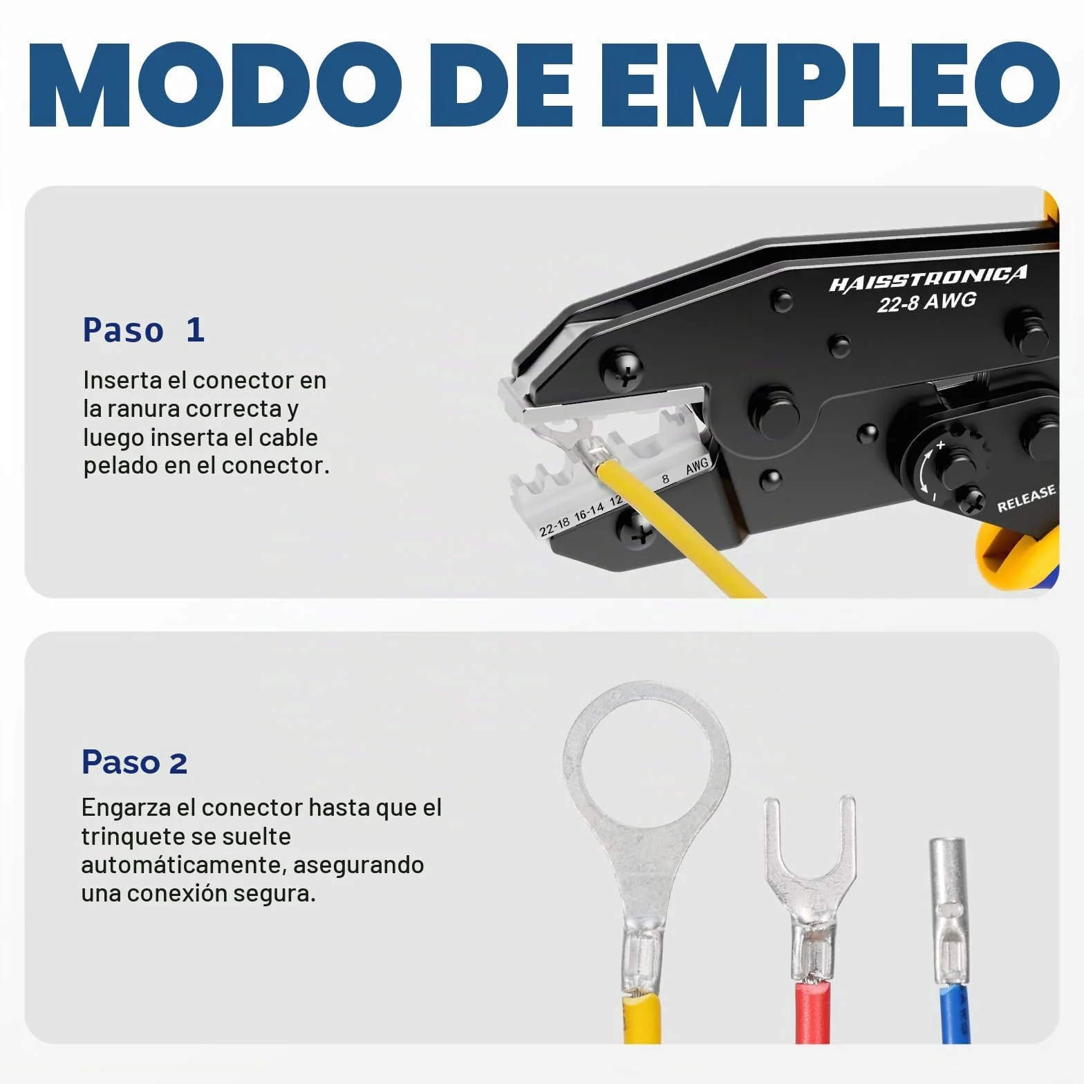 Haisstronica Crimpadora para Terminales No Aislados 0,5–10 mm² AWG22–8 Alicate de Carraca