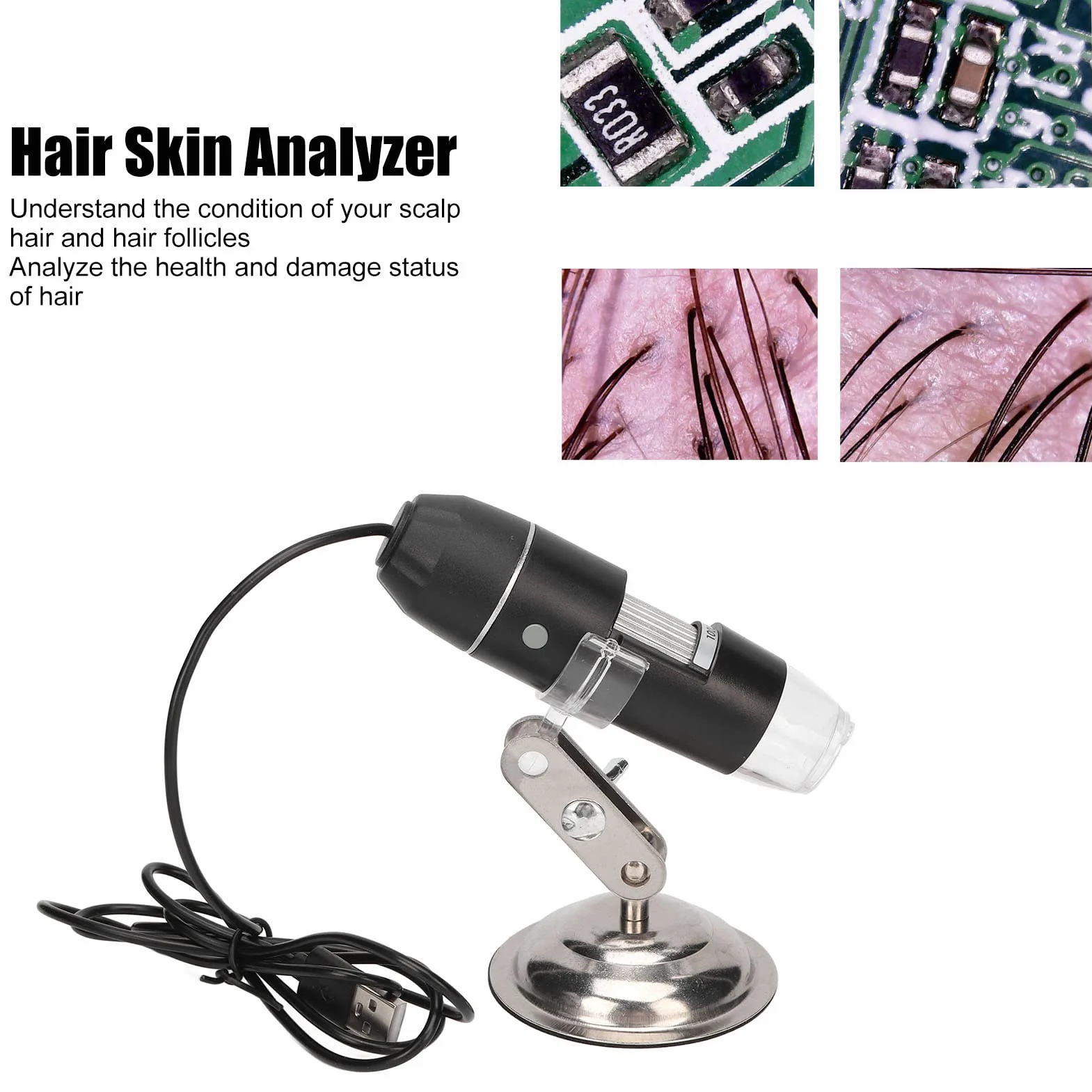 Detector de Piel del Cuero Cabelludo 1000X Aumento Microscopio de Pelo 8 LED Luz Imágenes Claras Analizador Portátil